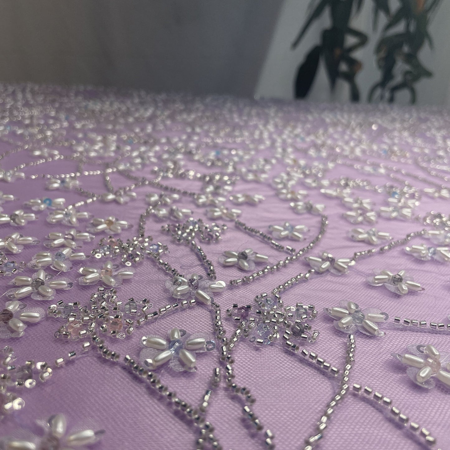 Premium Purple Ricebeads Handcrafted Embroidery Net Fabric