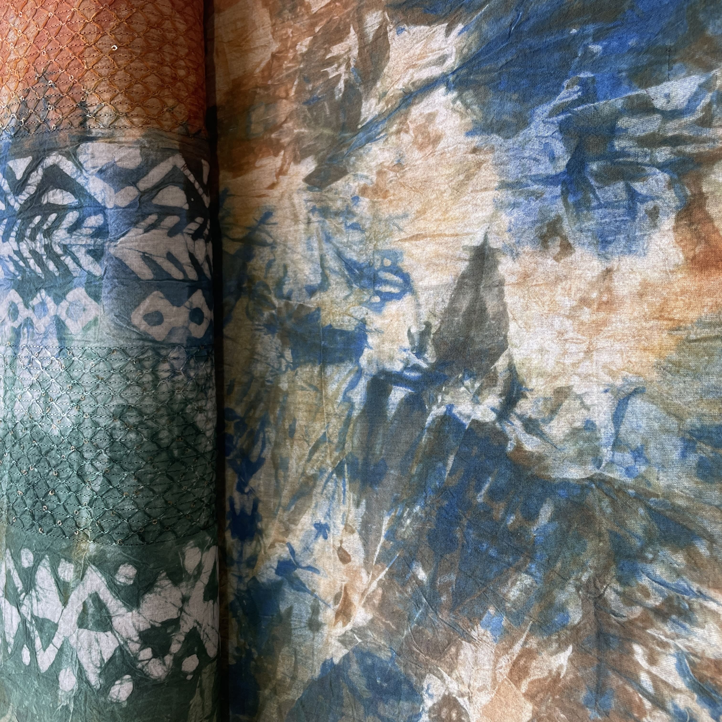 Orange Batik Print Sequence Embroidery Cotton Fabric 11080