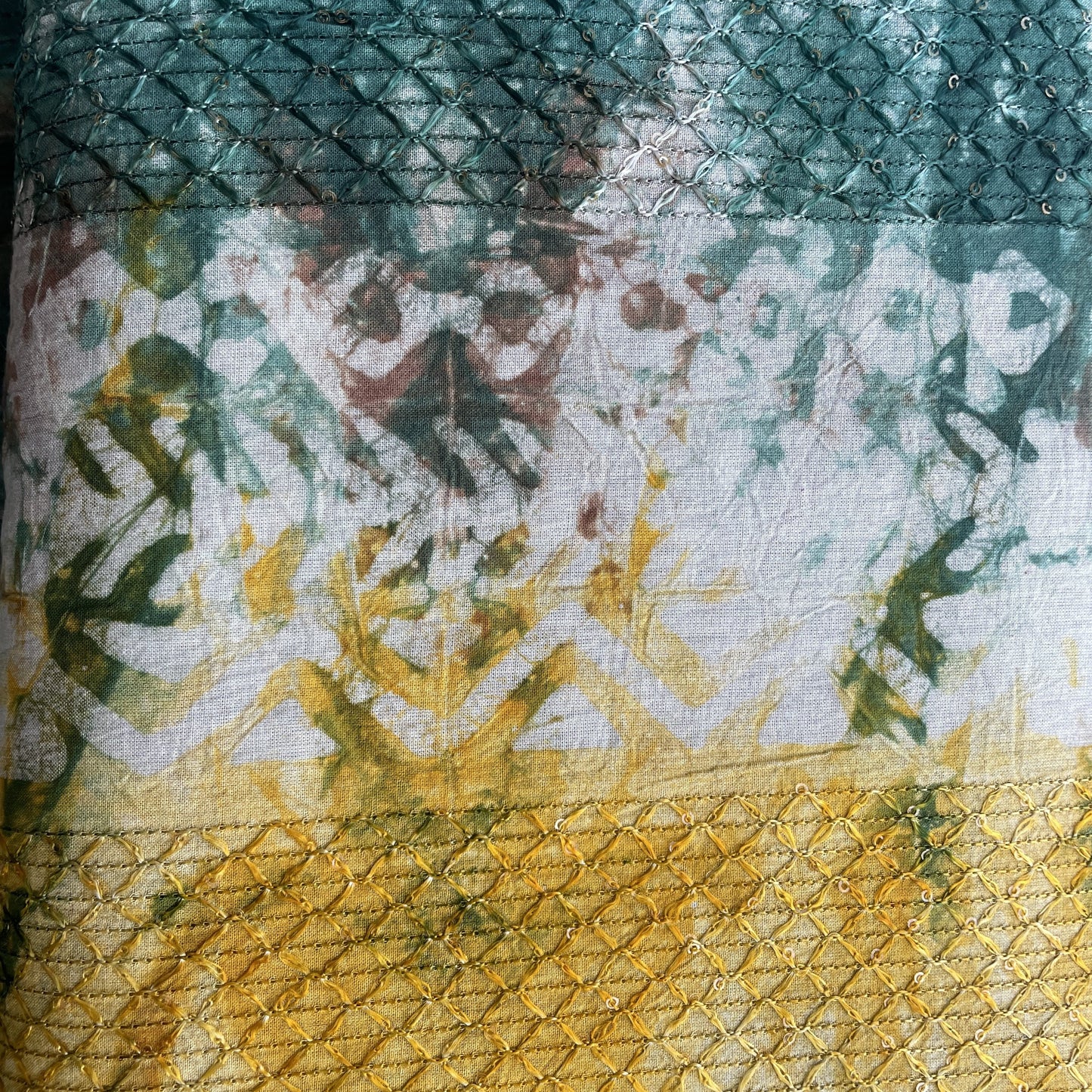 Green Batik Print Sequence Embroidery Cotton Fabric 11068