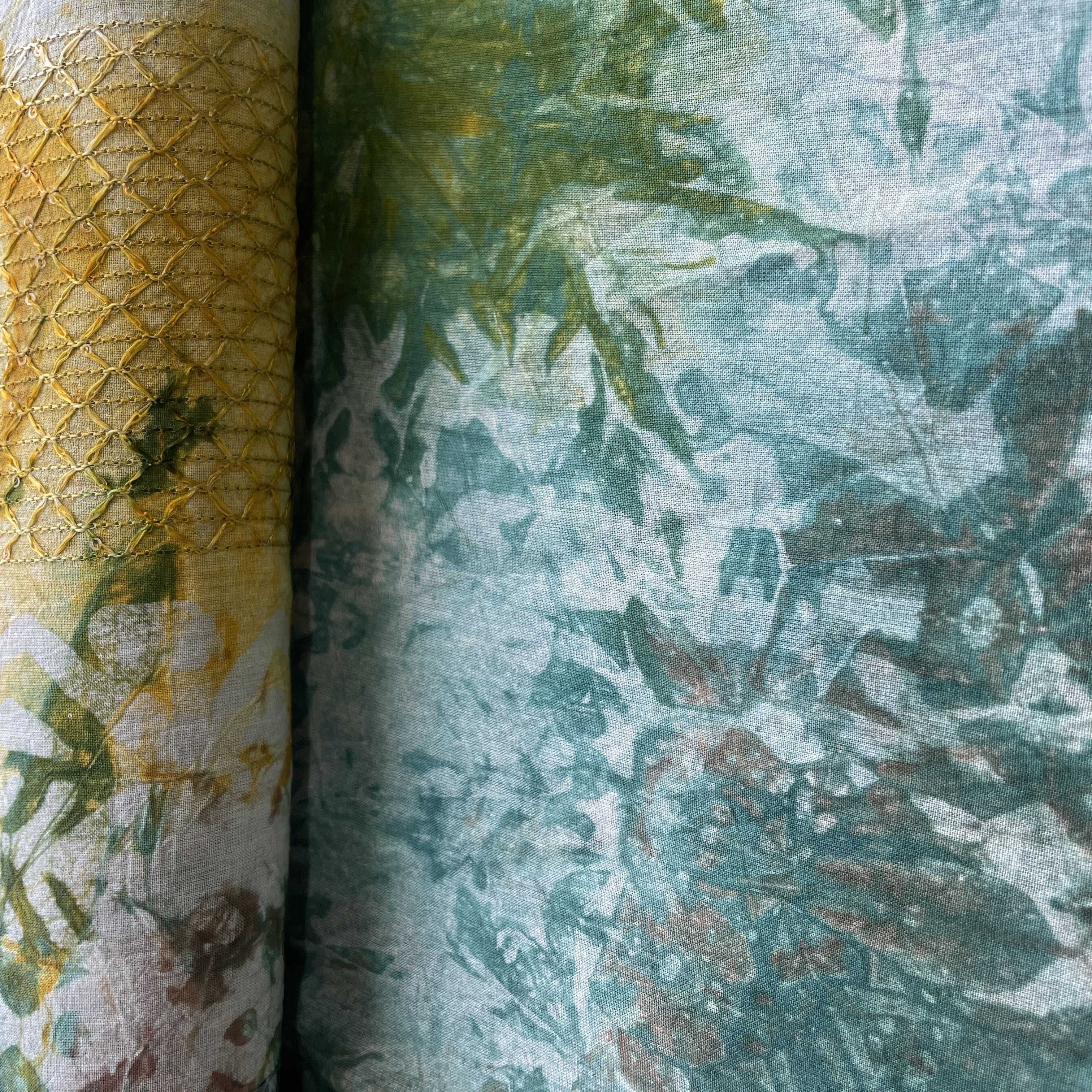 Green Batik Print Sequence Embroidery Cotton Fabric 11068