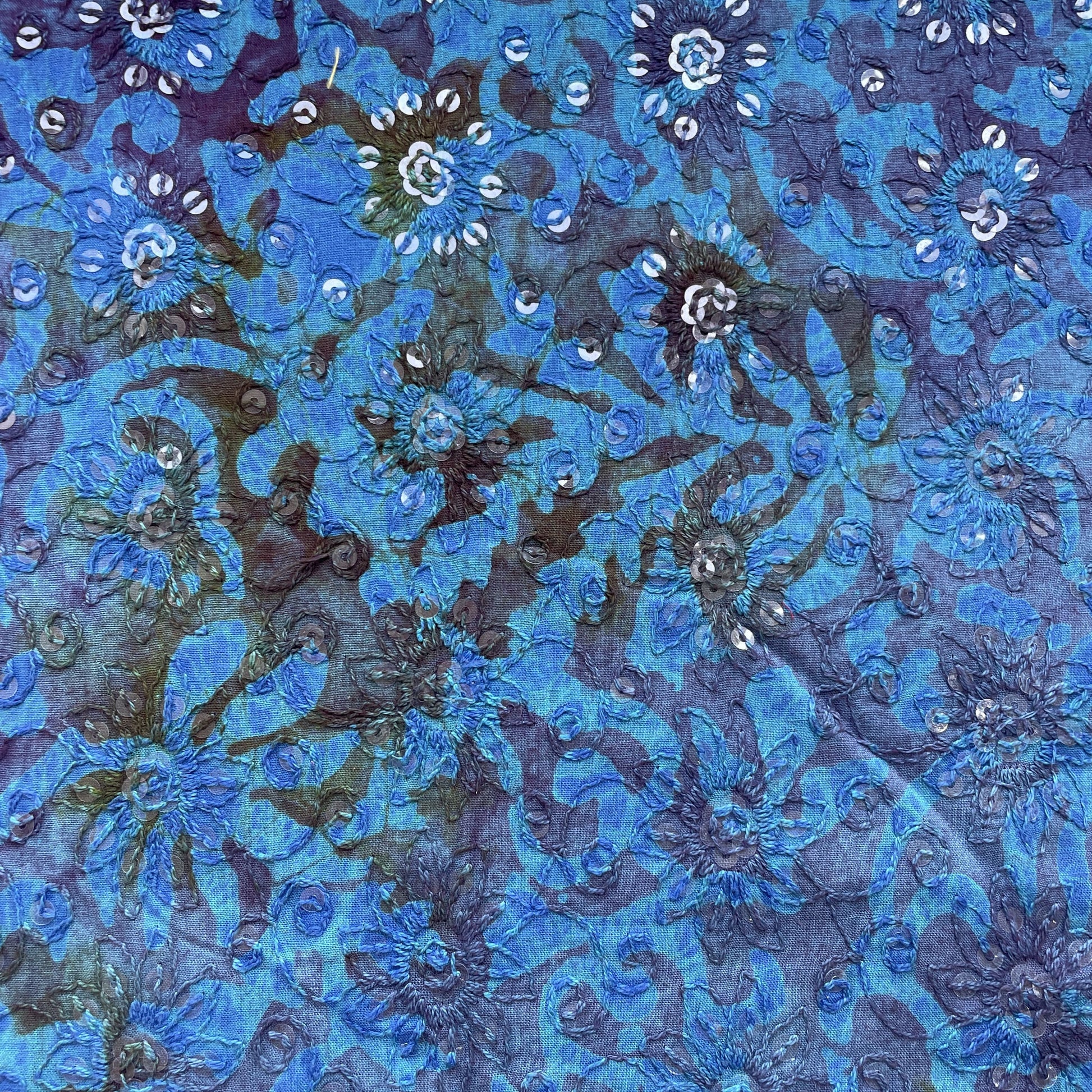 Blue Batik Thread Sequins Embroidery Cotton Fabric 15537