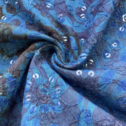 Blue Batik Thread Sequins Embroidery Cotton Fabric 15537