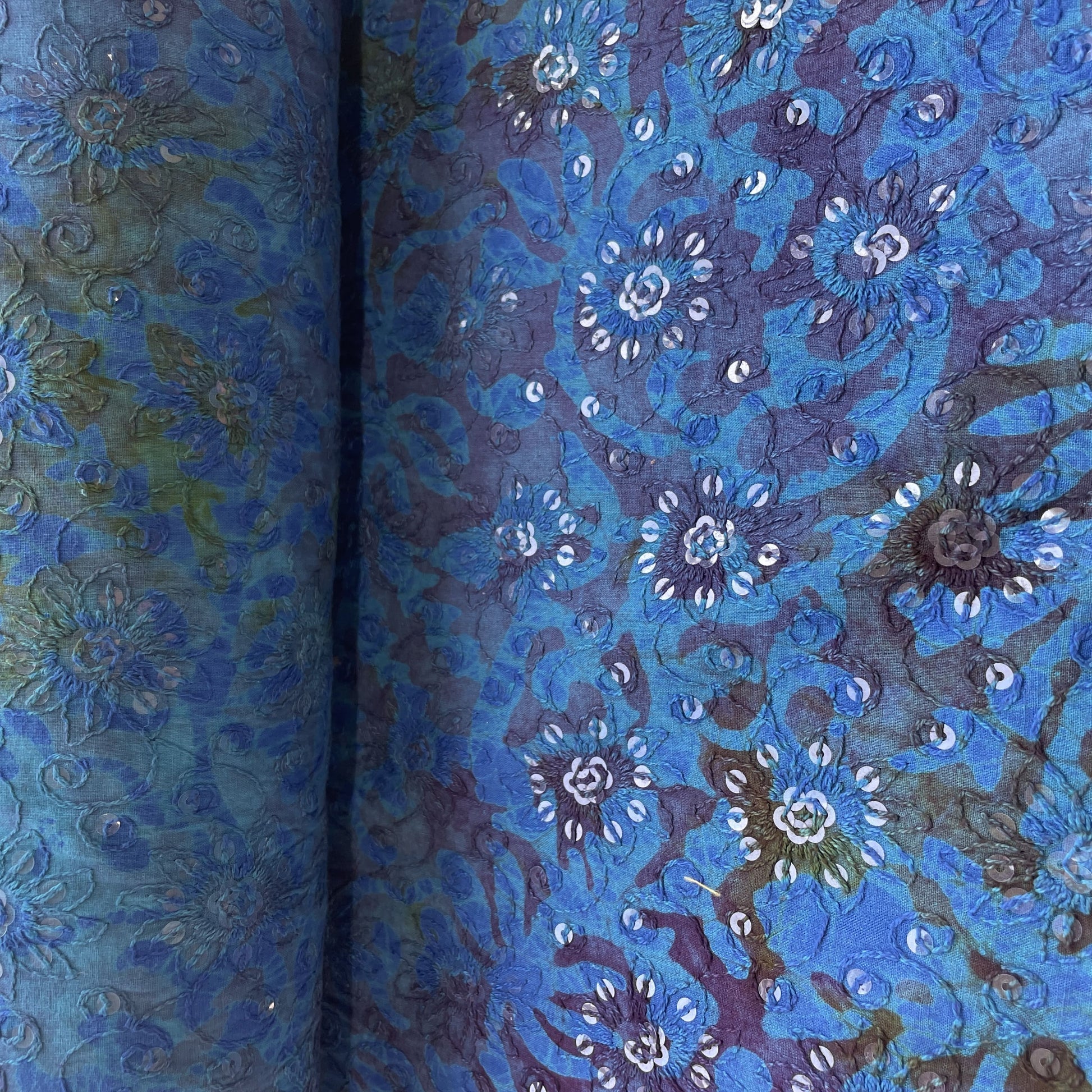 Blue Batik Thread Sequins Embroidery Cotton Fabric 15537