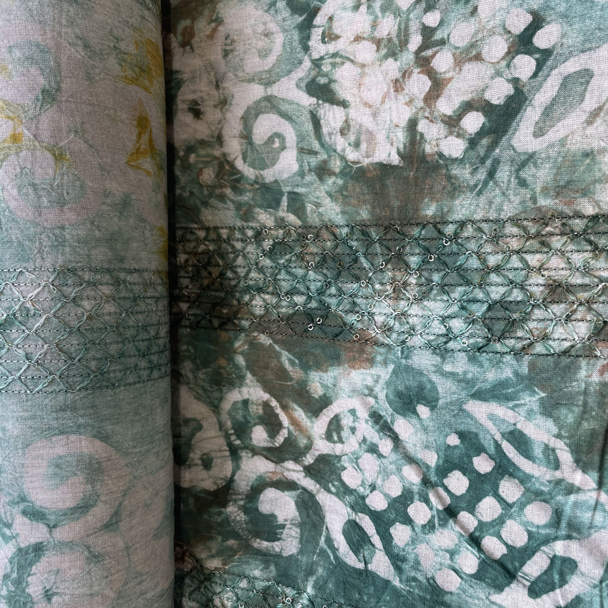 Green Batik Print Sequence Embroidery Cotton Fabric 110066