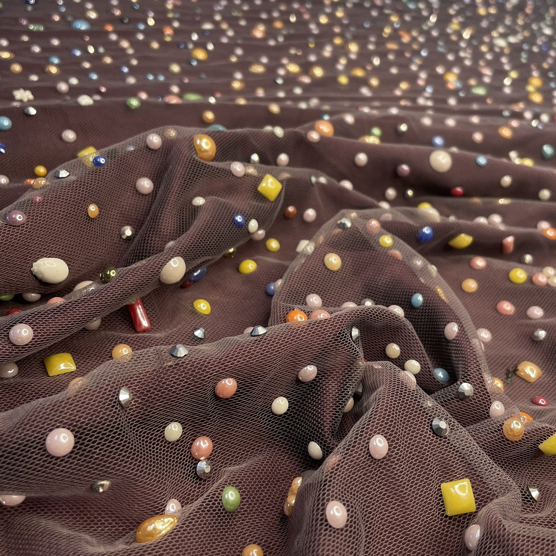 Premium Eggplant Purple Gemstones Handcrafted Embroidery Net Fabric