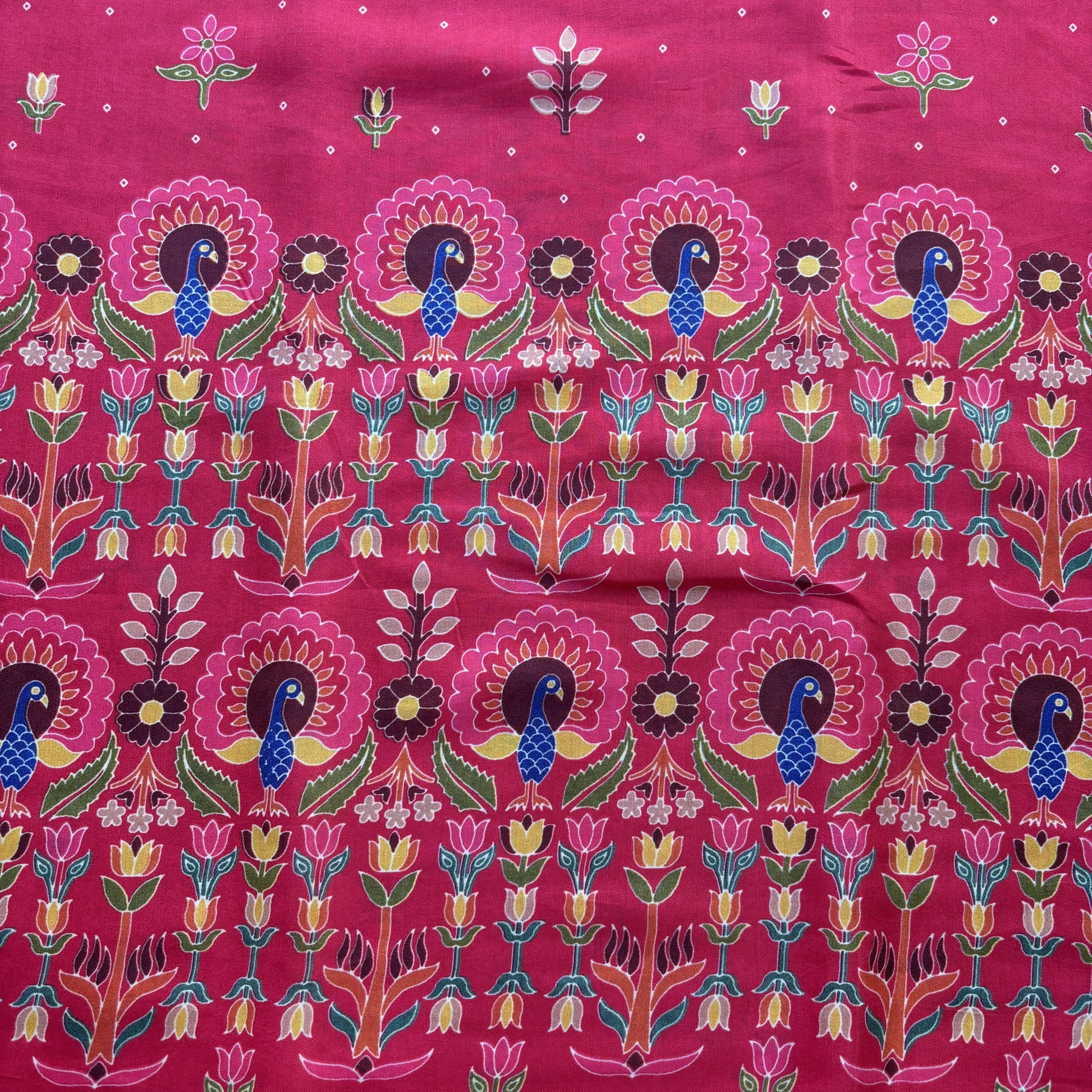 Red Border Floral Print Bemberg Gajji Silk Fabric 15577