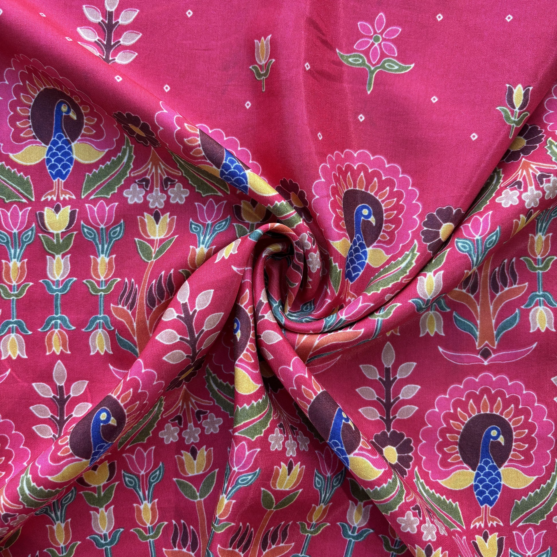 Red Border Floral Print Bemberg Gajji Silk Fabric 15577