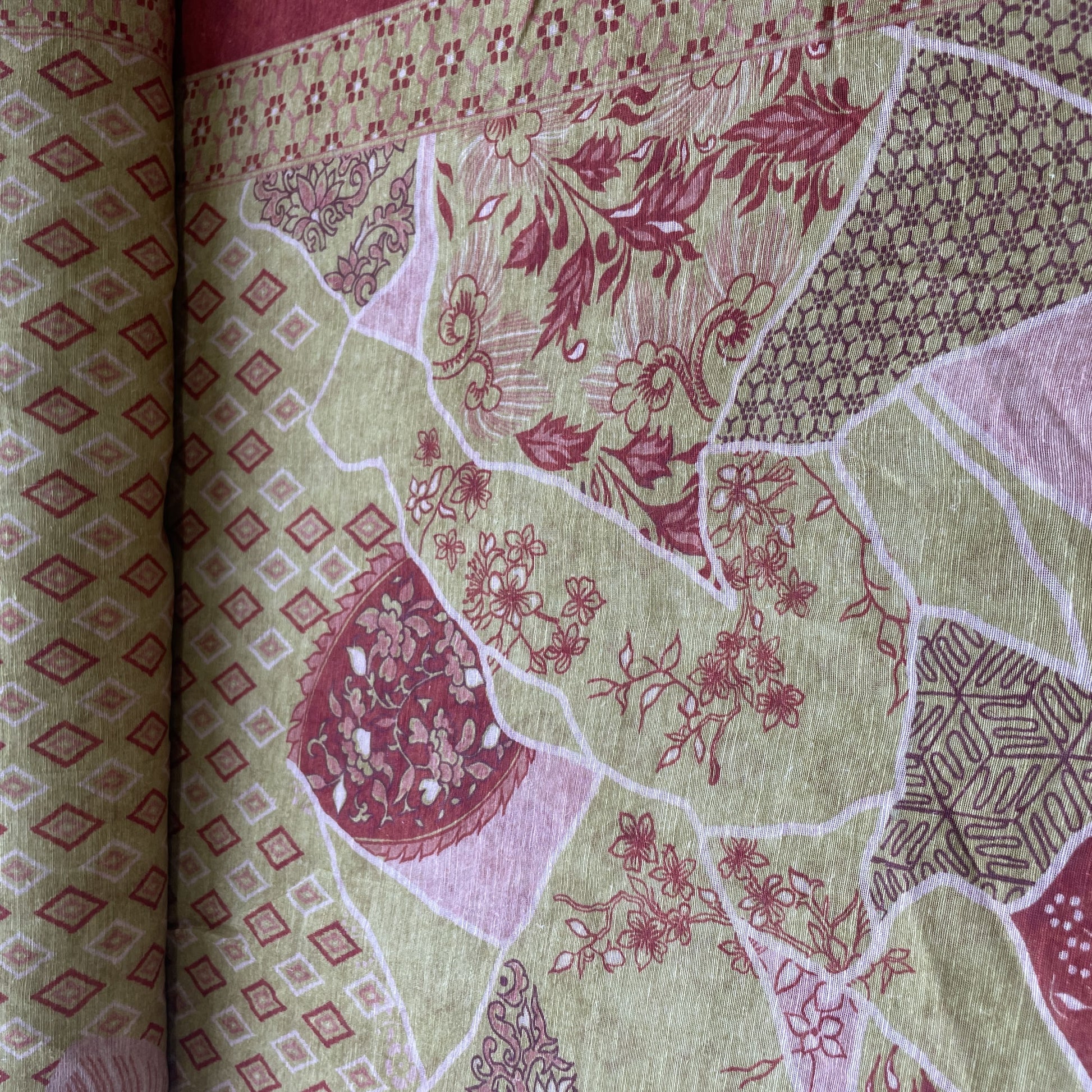 Green Floral Print Linen Organza Fabric 17606