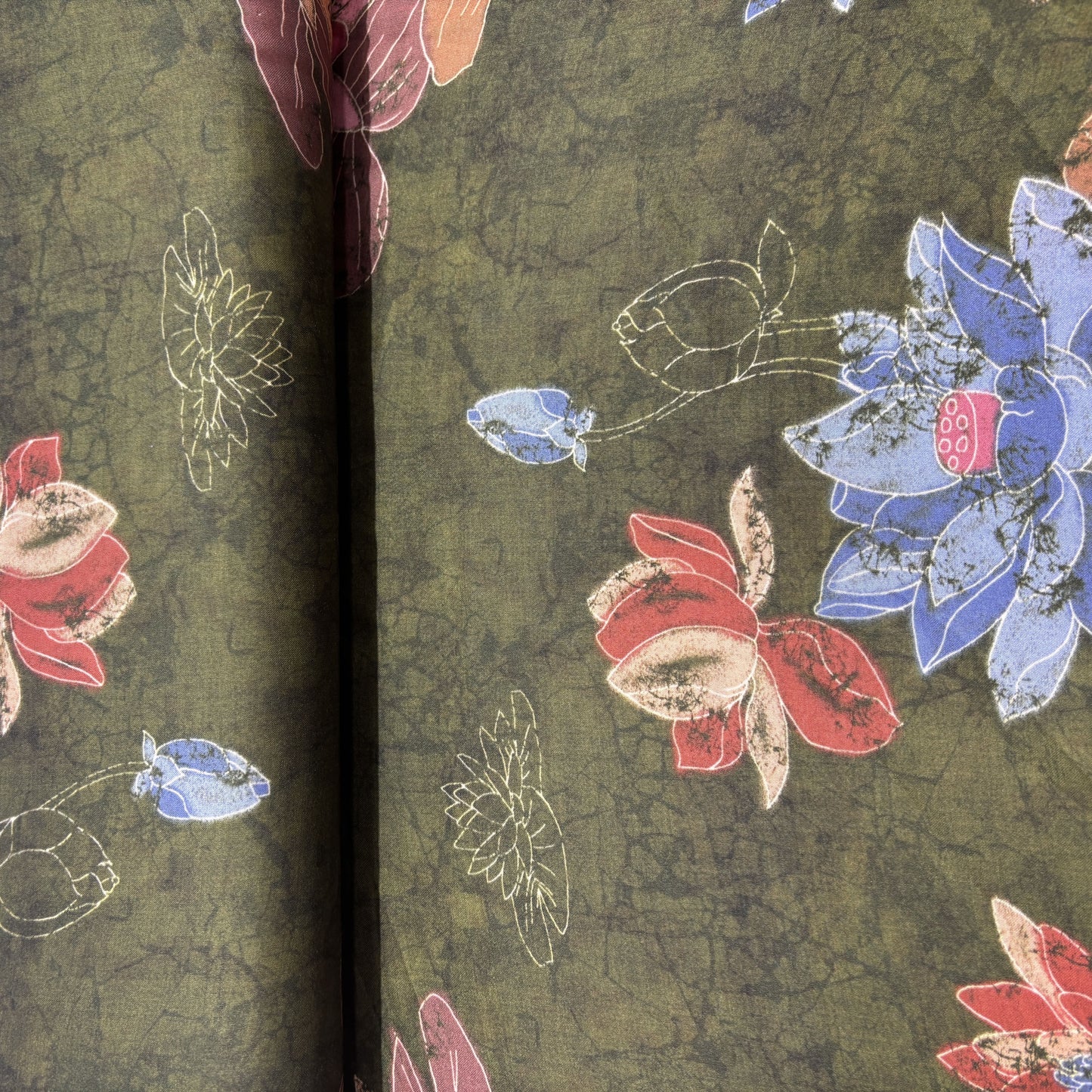 Olive Green Floral Print Modal Satin Fabric 20843