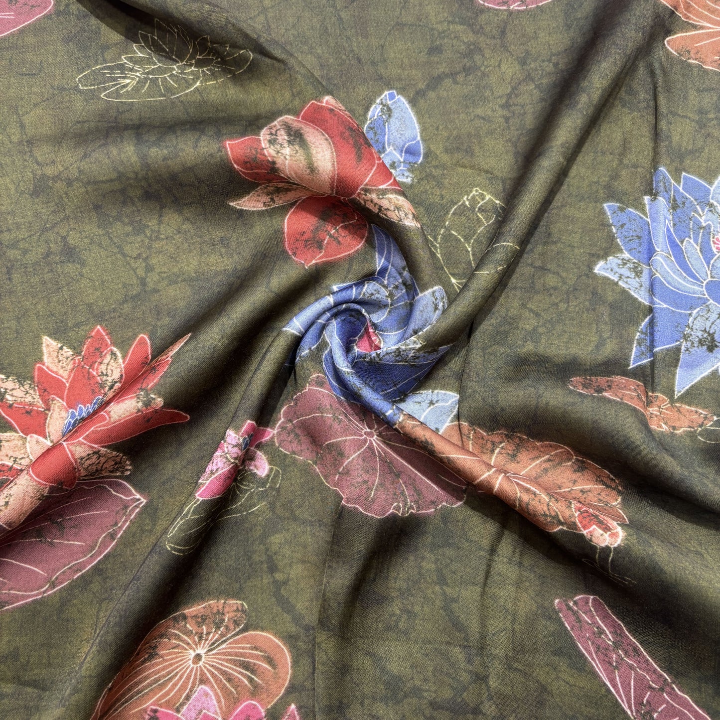Olive Green Floral Print Modal Satin Fabric 20843