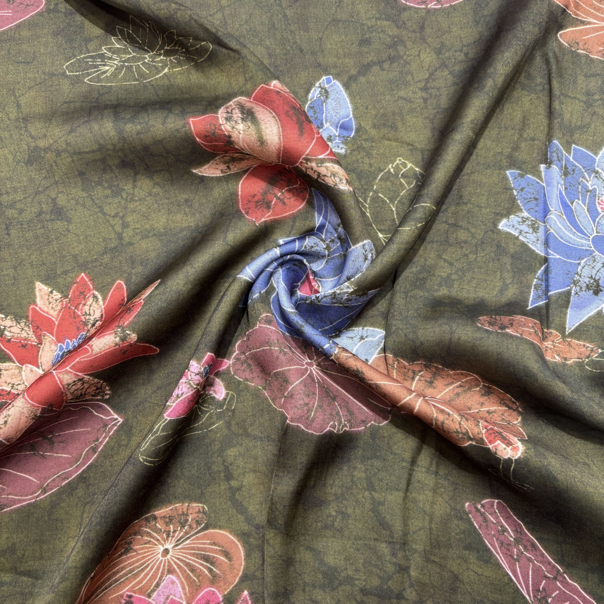 Olive Green Floral Print Modal Satin Fabric 20843