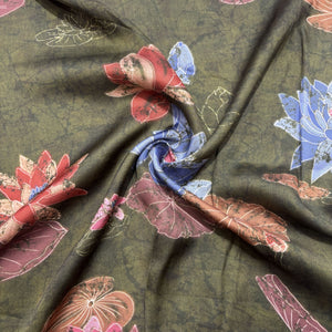 Olive Green Floral Print Modal Satin Fabric 20843