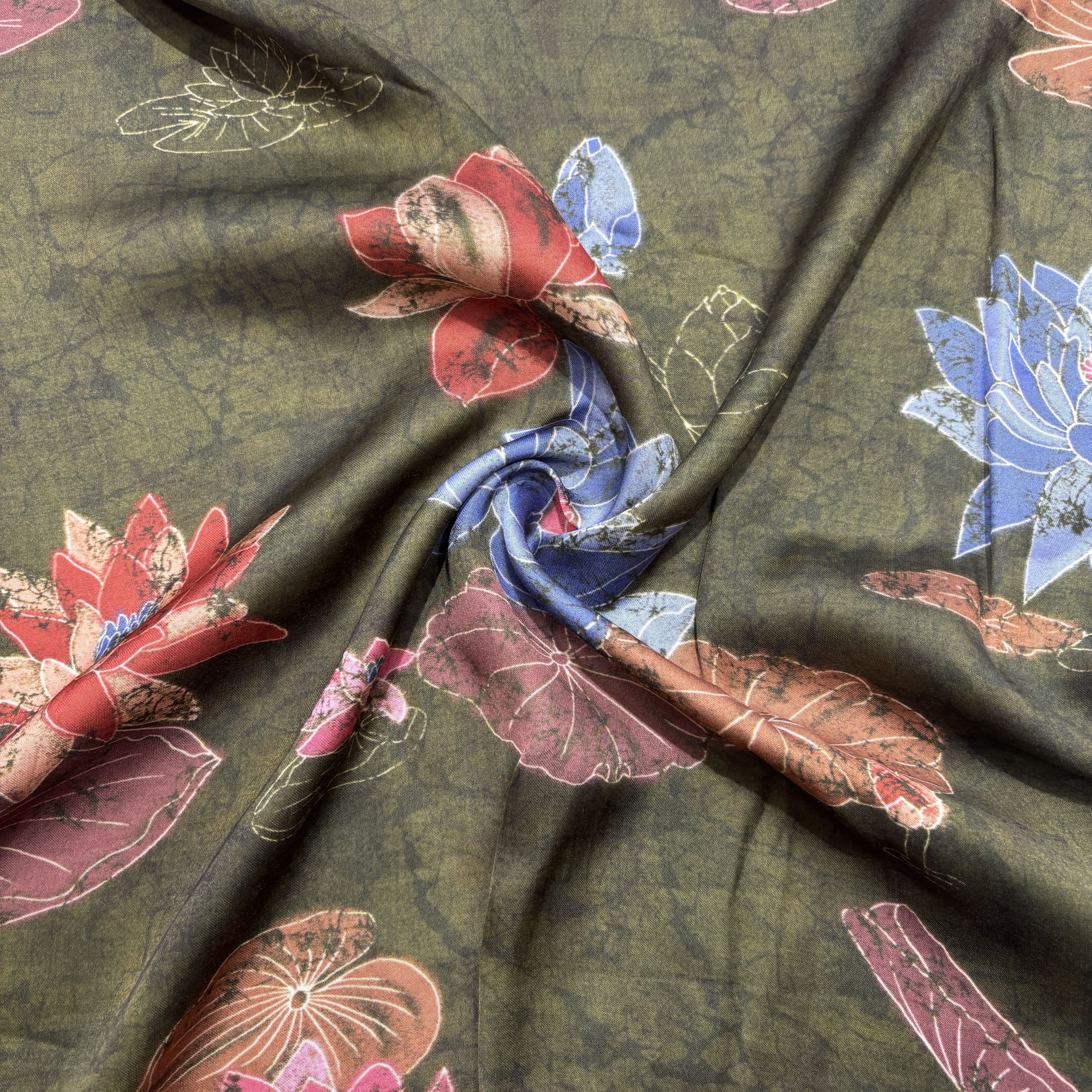 Olive Green Floral Print Modal Satin Fabric 20843