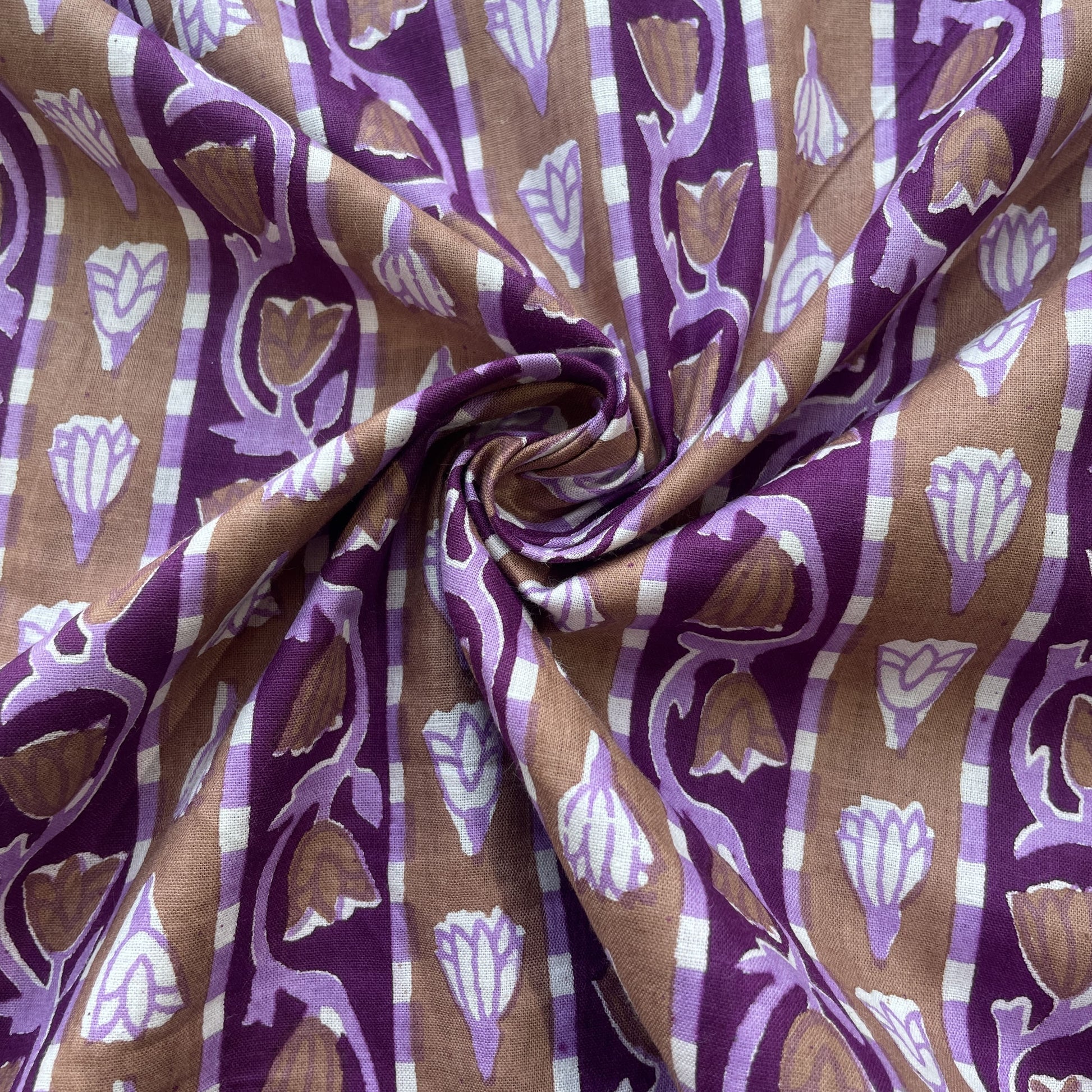 Brown Purple Floral Print Cotton Fabric 16115