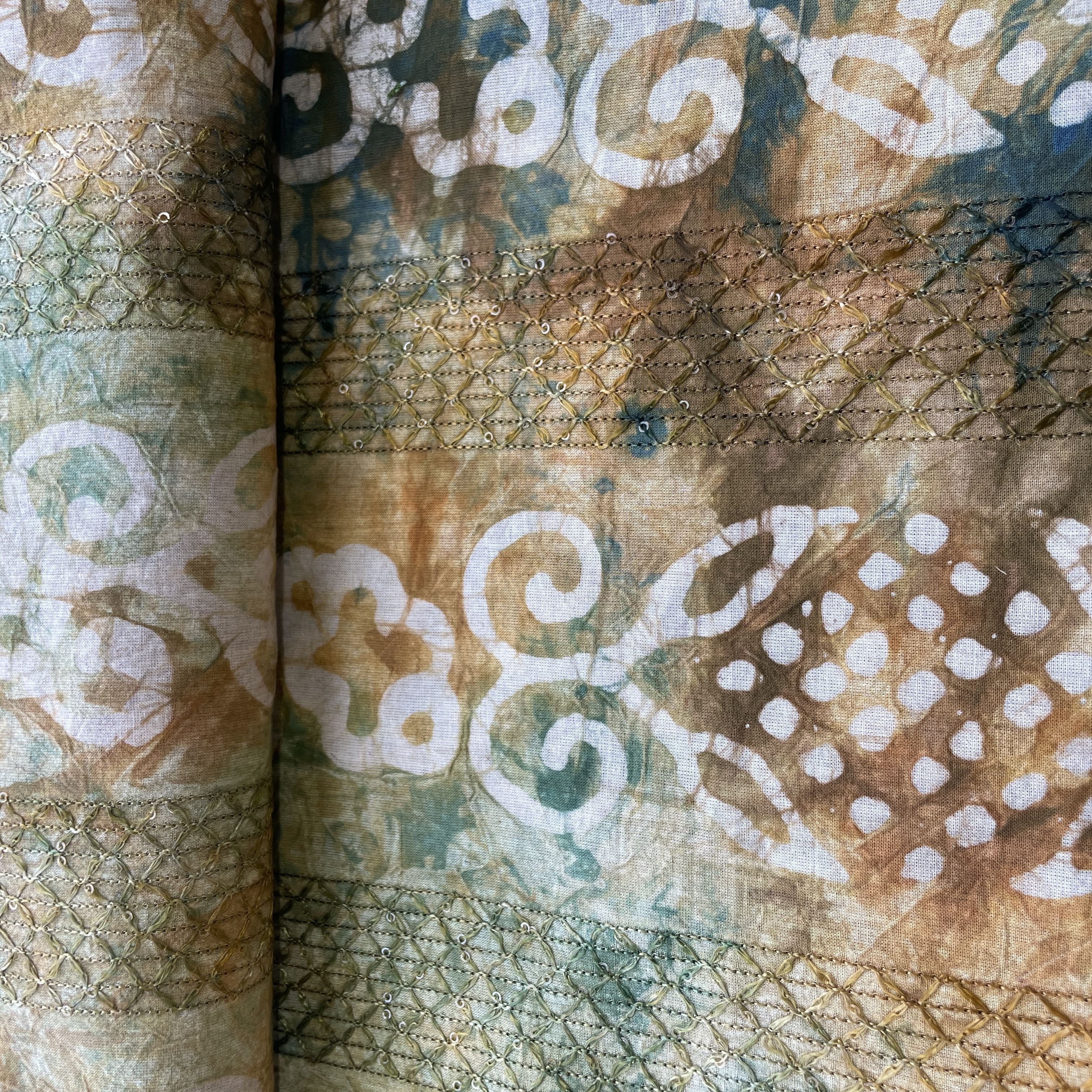 Orange Batik Print Sequence Embroidery Cotton Fabric 11082