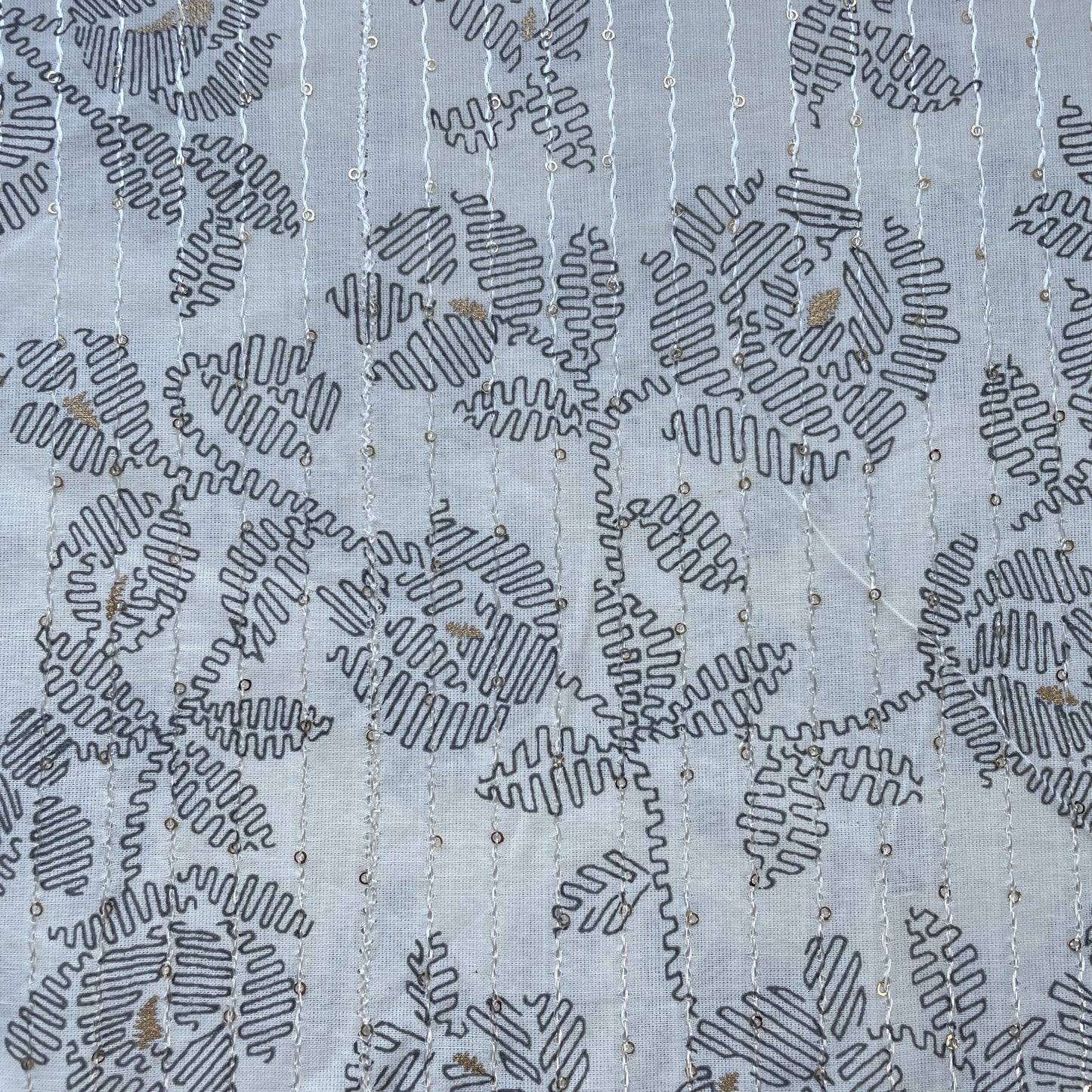 Off White Black Floral Foil Thread Sequins Embroidery Cotton Fabric 15428