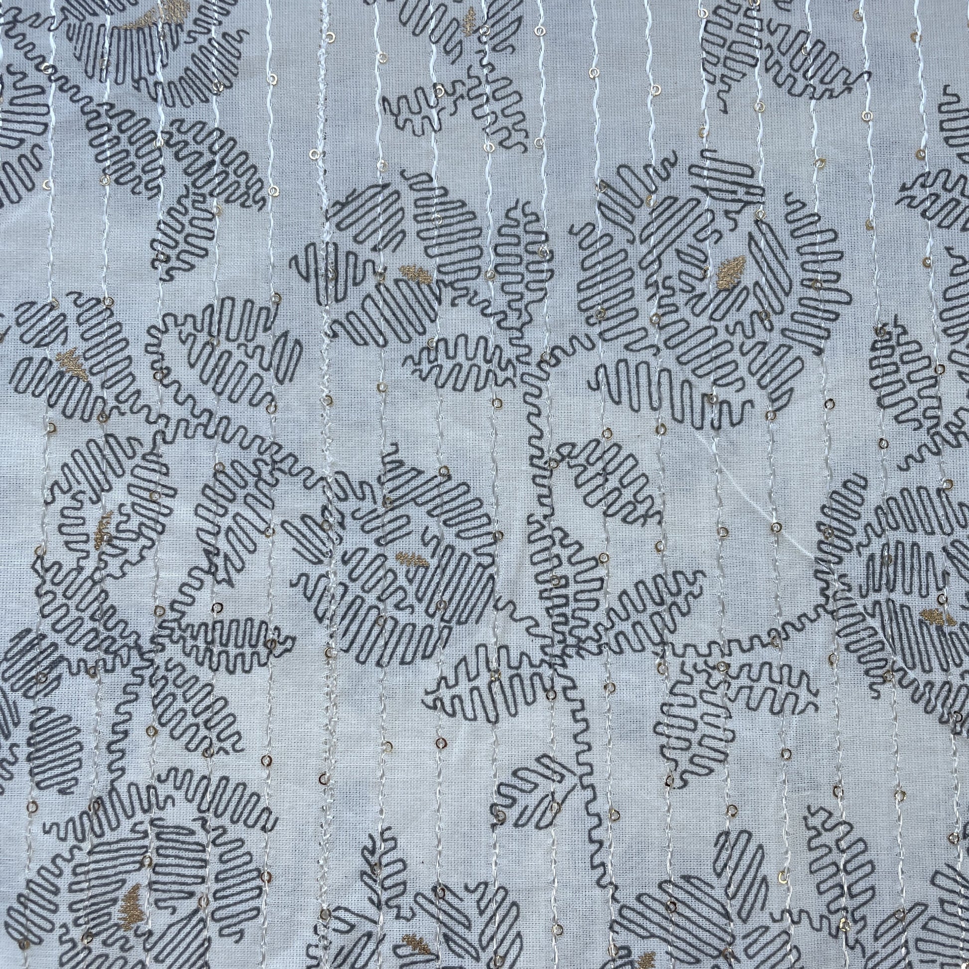 Off White Black Floral Foil Thread Sequins Embroidery Cotton Fabric 15428