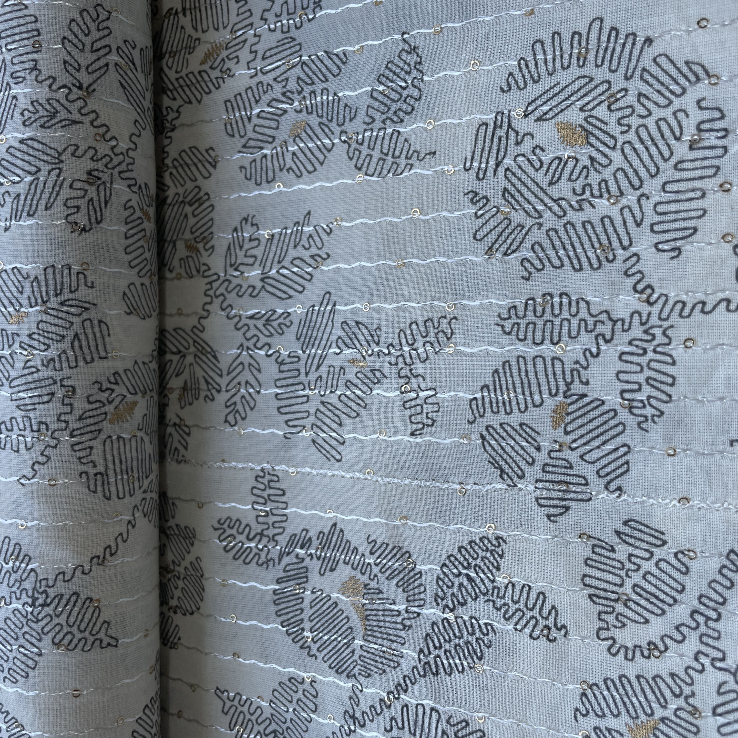 Off White Black Floral Foil Thread Sequins Embroidery Cotton Fabric 15428