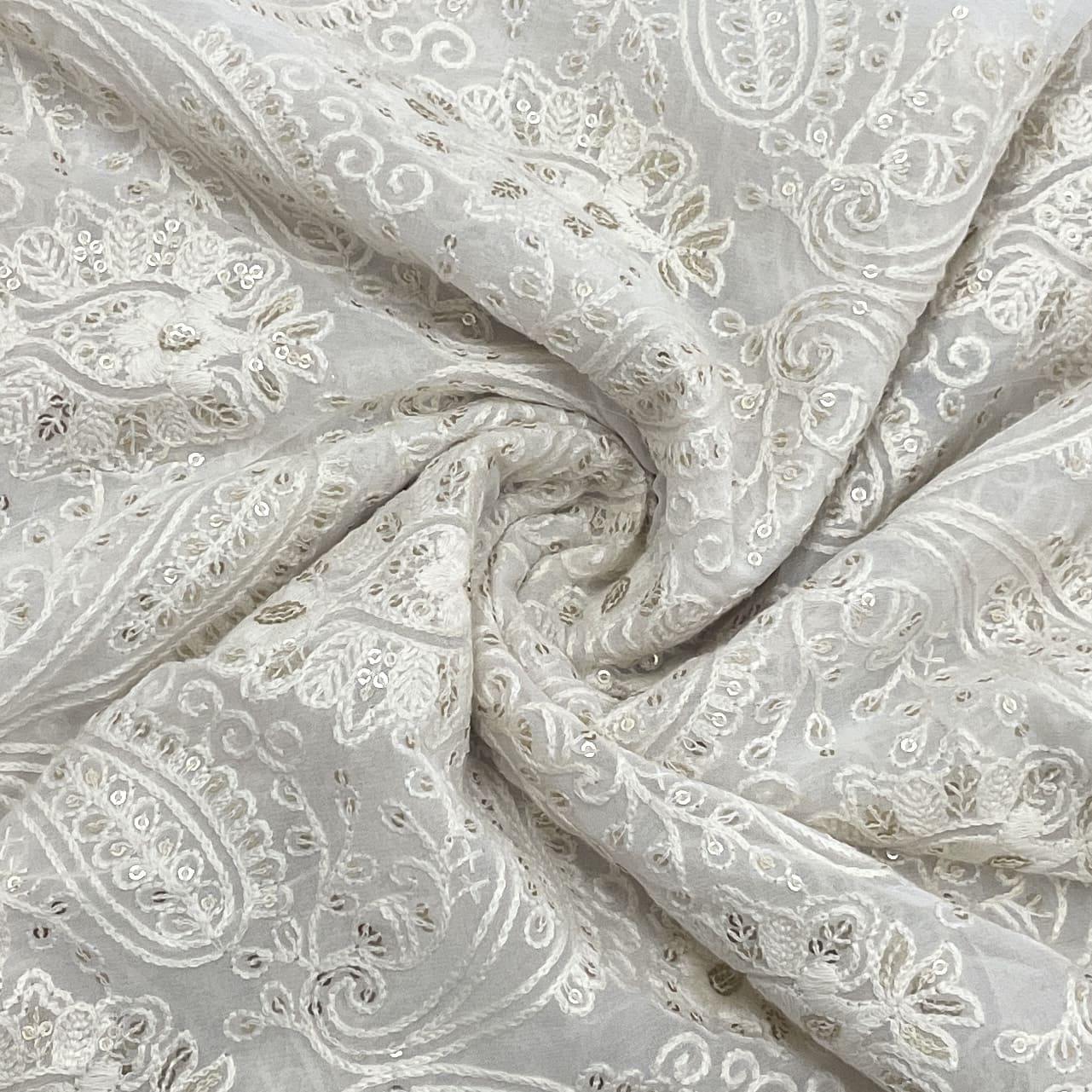 shop exclusive white floral chikankari work dyeable georgette fabric