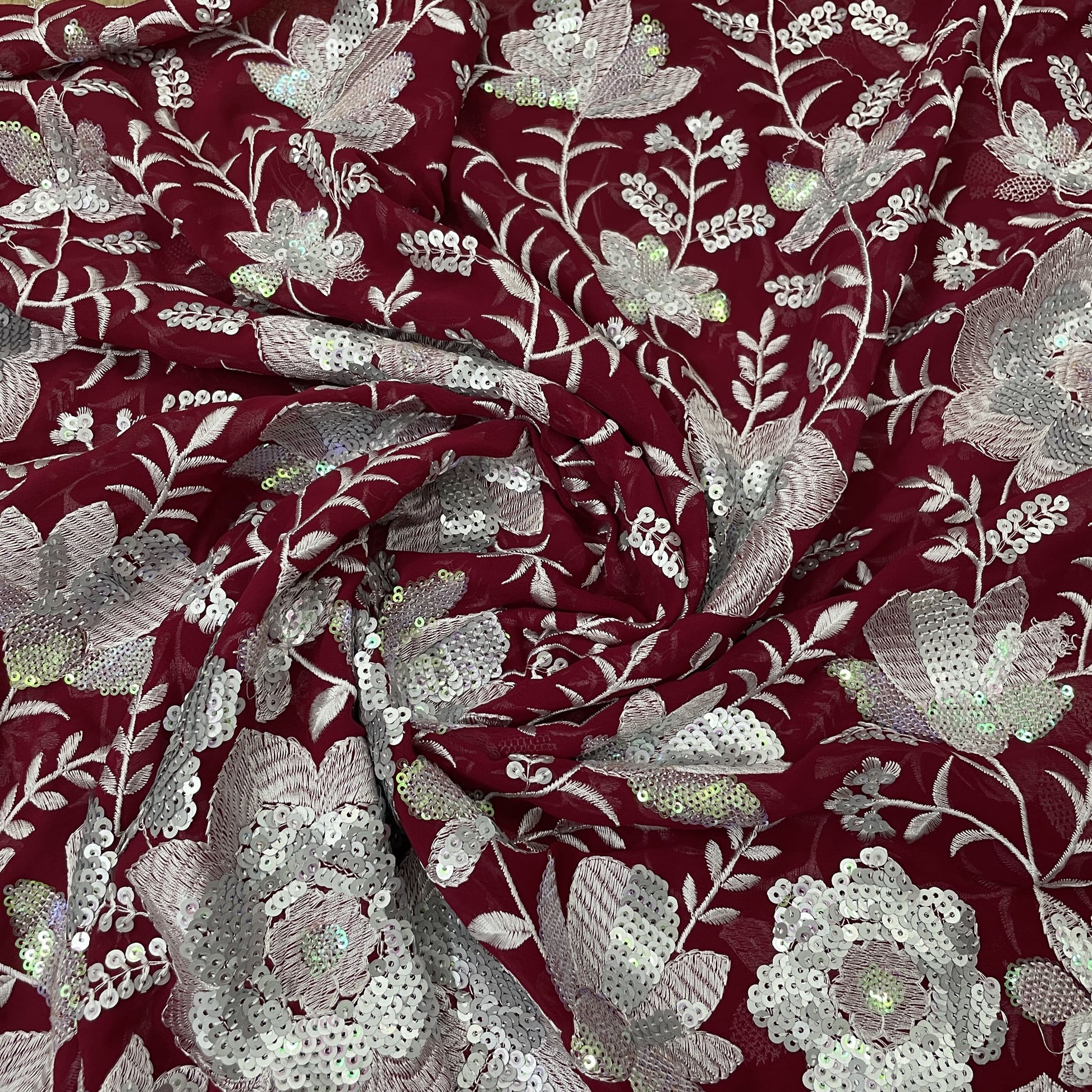 Exclusive Maroon & Silver Floral Sequence Embroidery Georgette Fabric