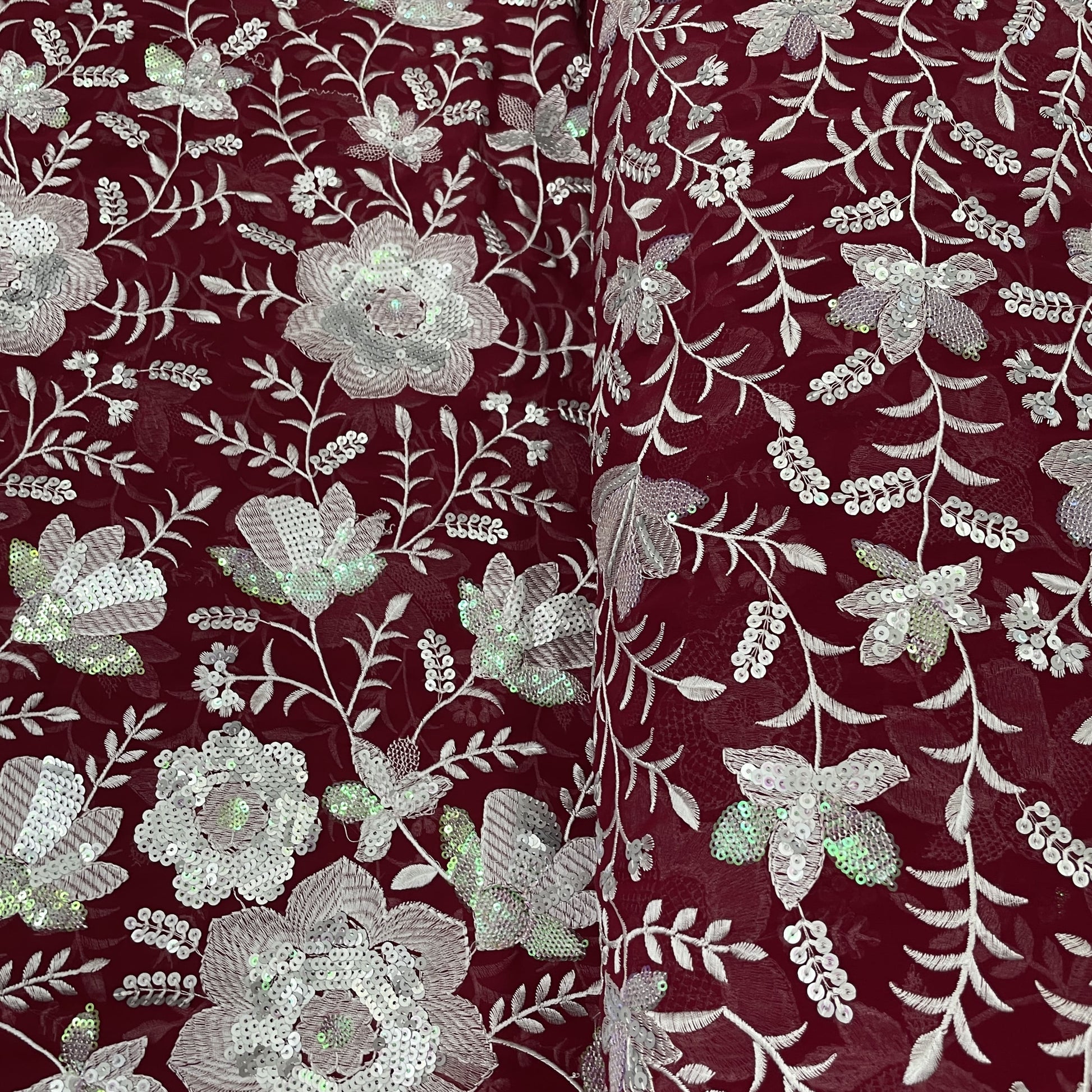 Exclusive Maroon & Silver Floral Sequence Embroidery Georgette Fabric