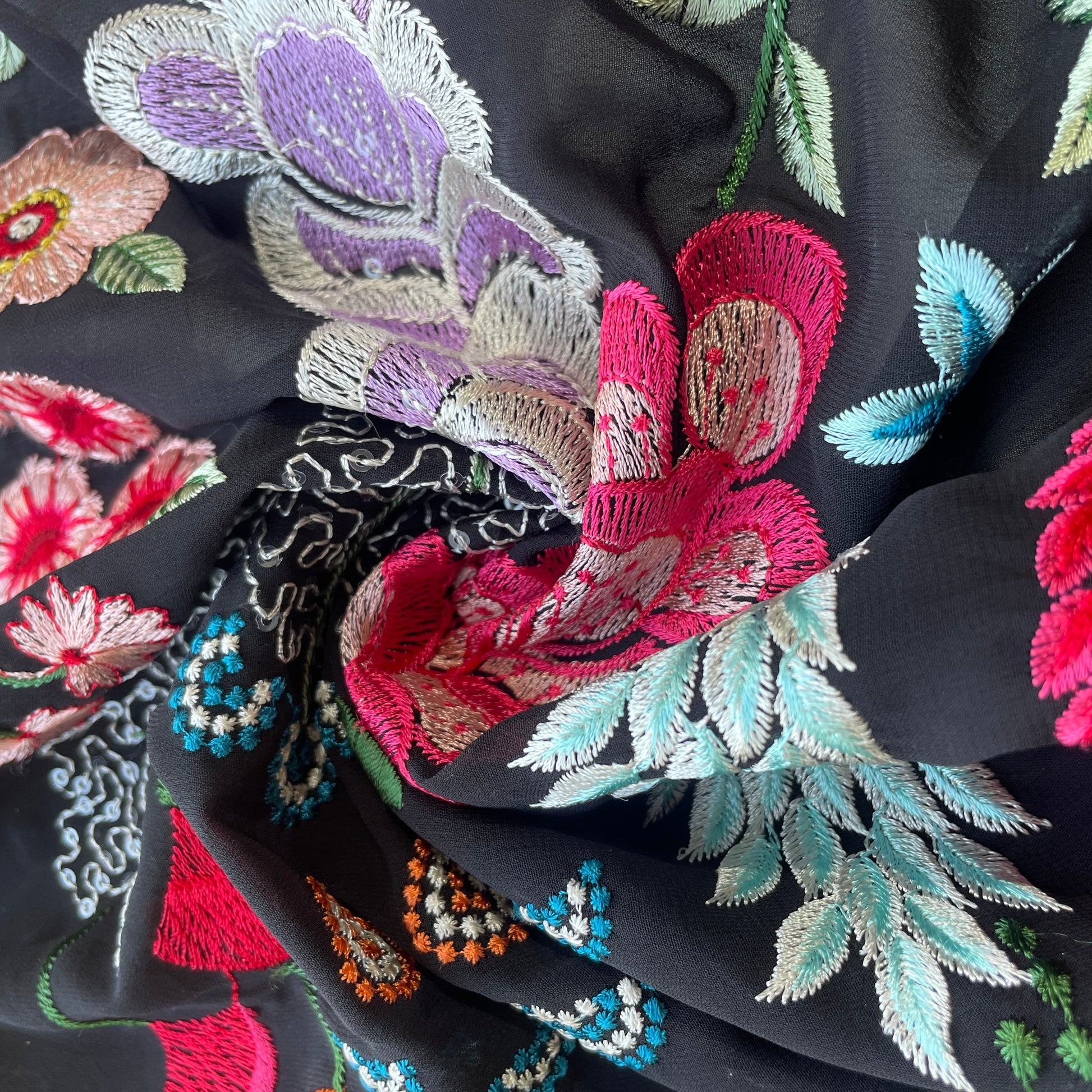 Black & Multicolor Floral Sequence Thread Embroidery Georgette Fabric 9089