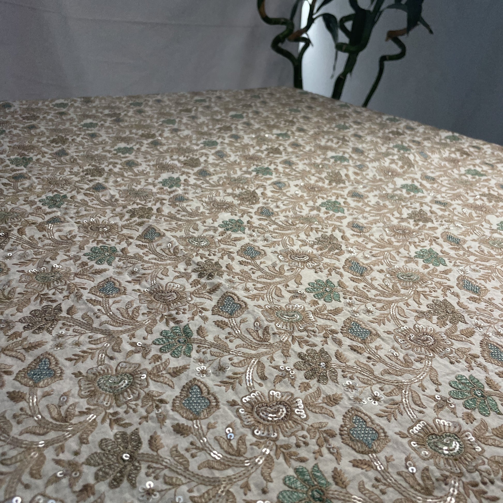 Premium Off White Floral Thread Sequins Embroidery Cotton Fabric