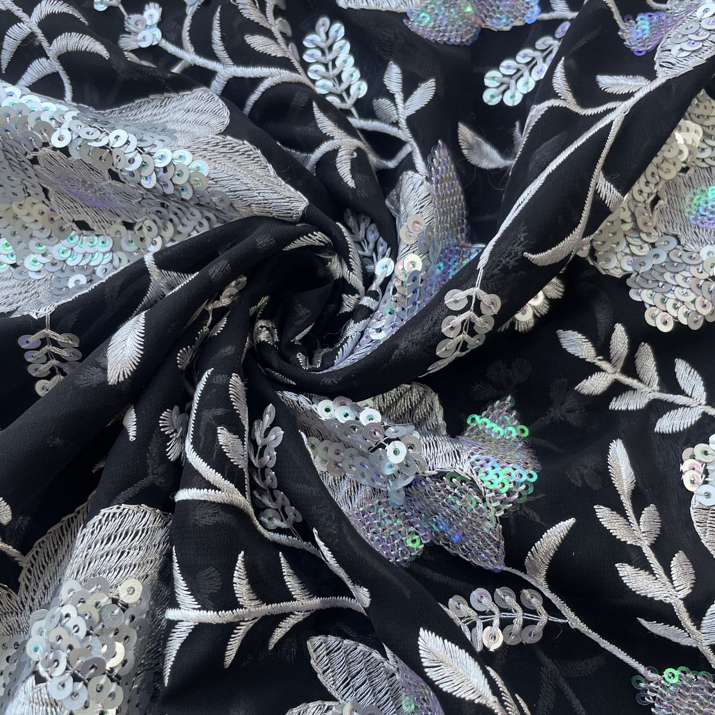Maroon & Silver Floral Sequence Embroidery Georgette Fabric 12963