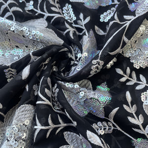 Maroon & Silver Floral Sequence Embroidery Georgette Fabric 12963
