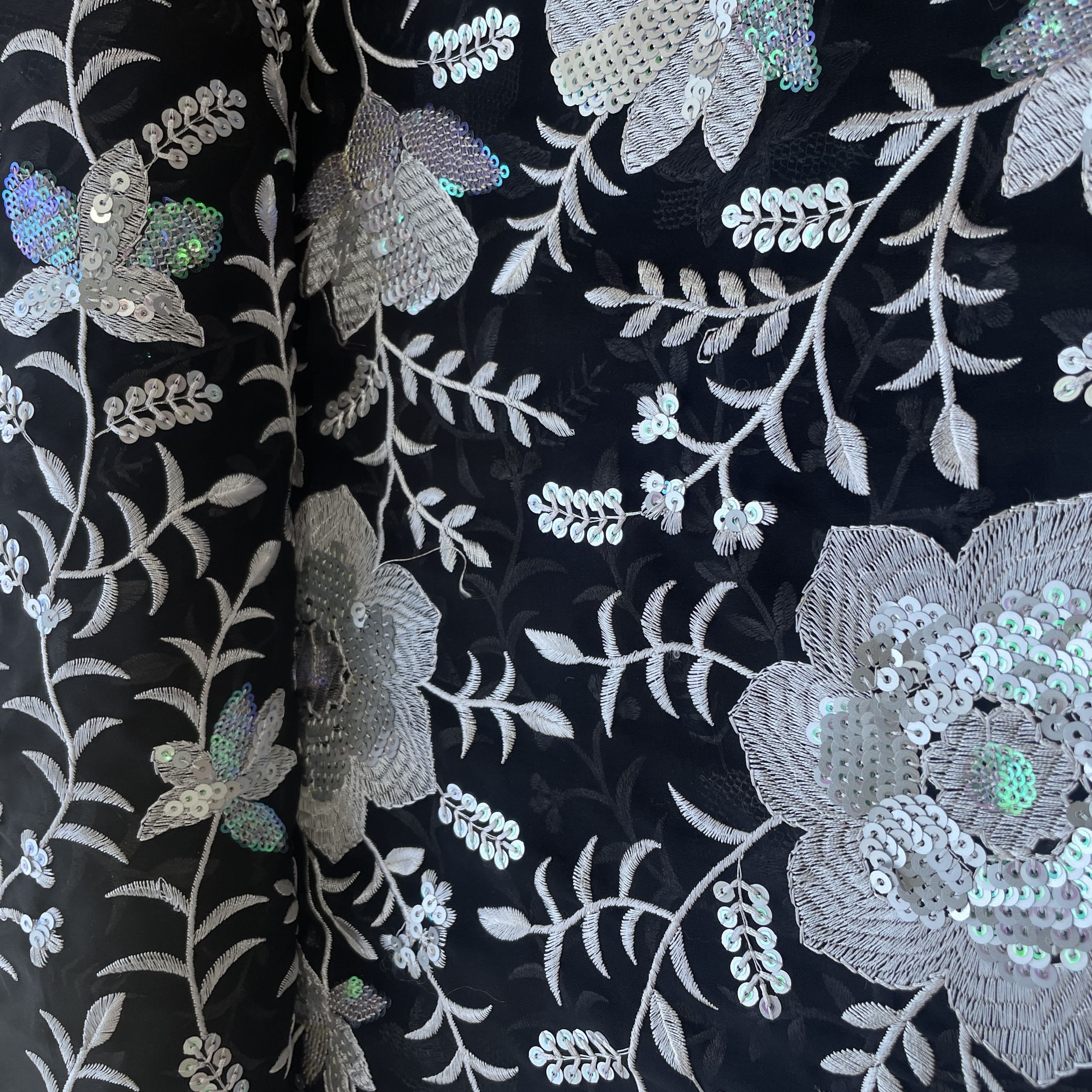 Maroon & Silver Floral Sequence Embroidery Georgette Fabric 12963