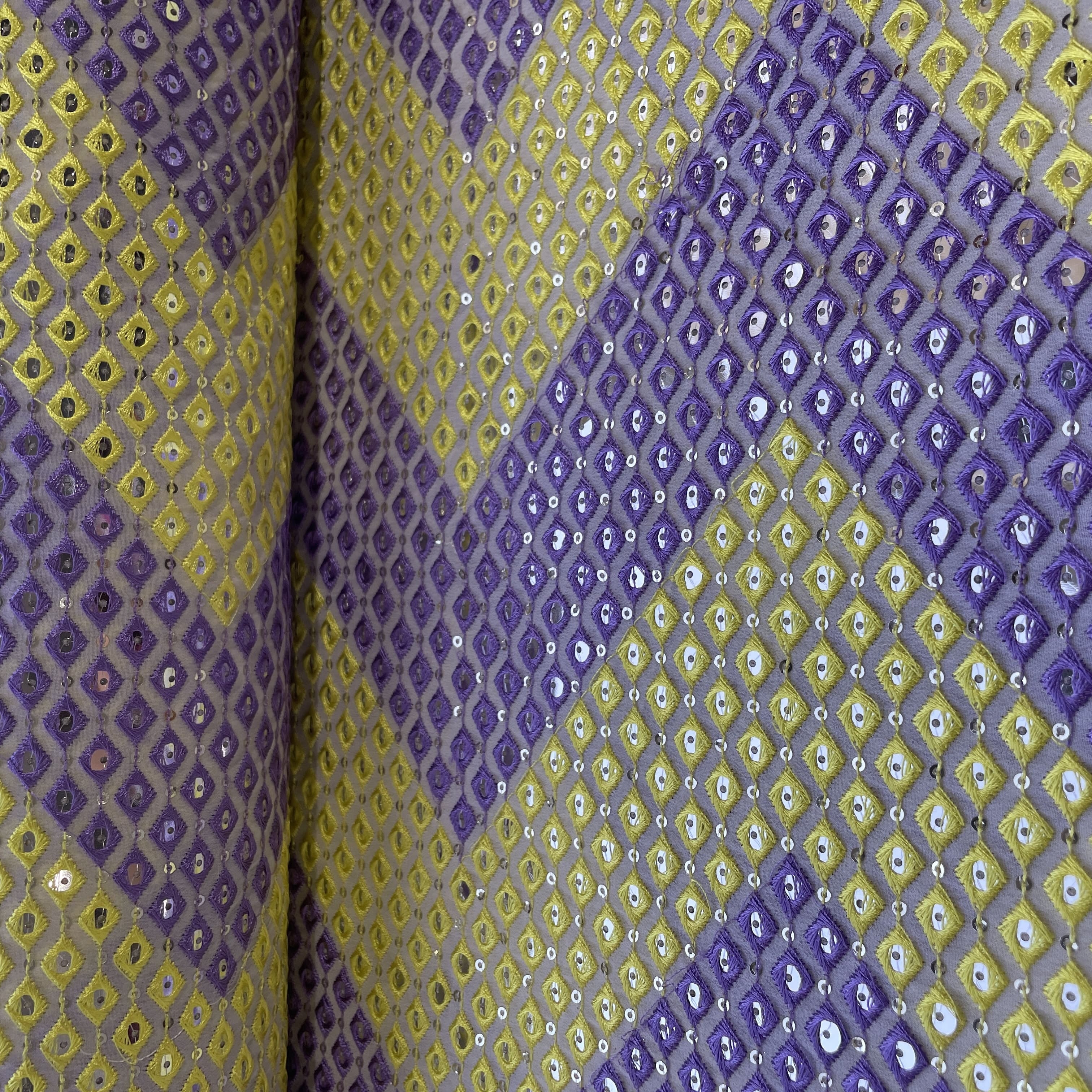Yellow & Purple Chevron Mirror Embroidery Georgette Fabric 12554
