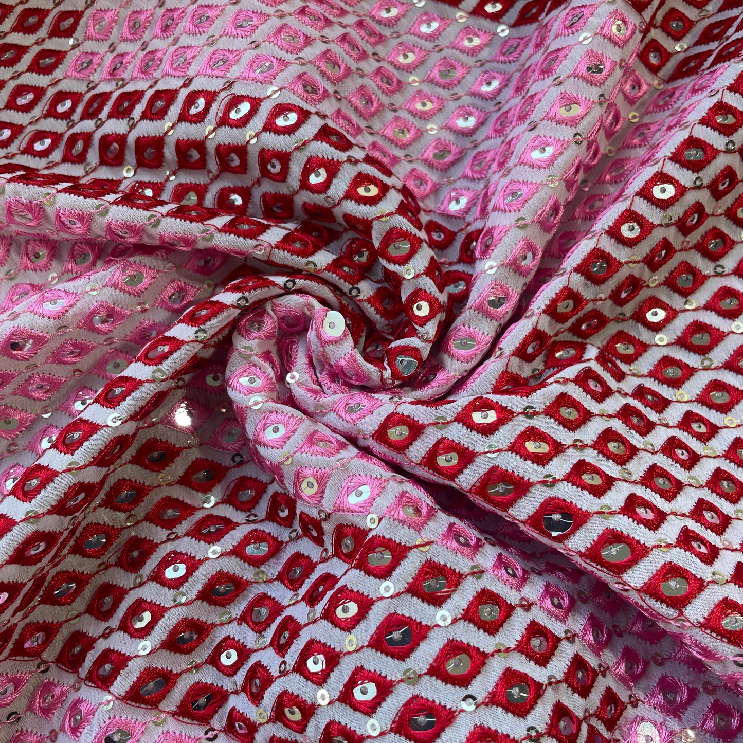 Pink & Red Chevron Mirror Embroidery Georgette Fabric 12556