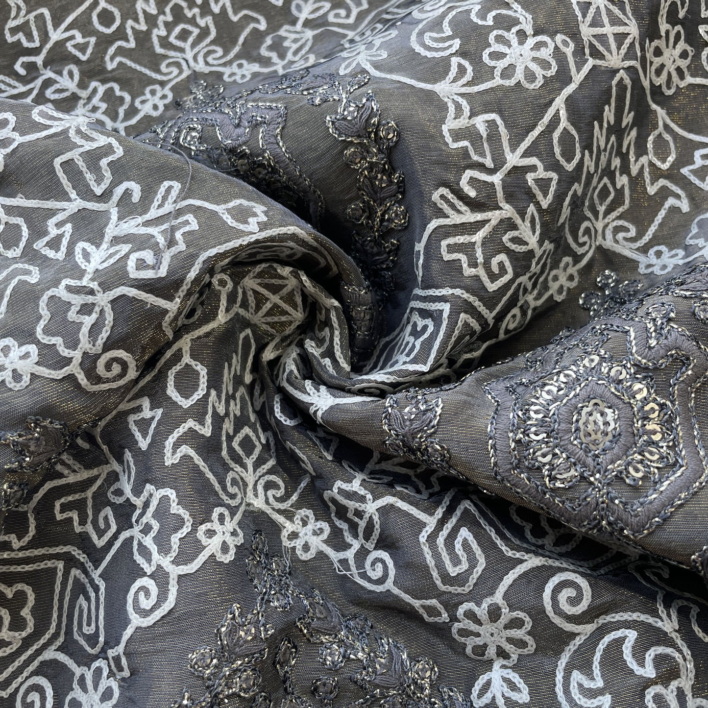 Grey Geometrical Sequins Embroidery Dyeable Tissue Fabric 16254