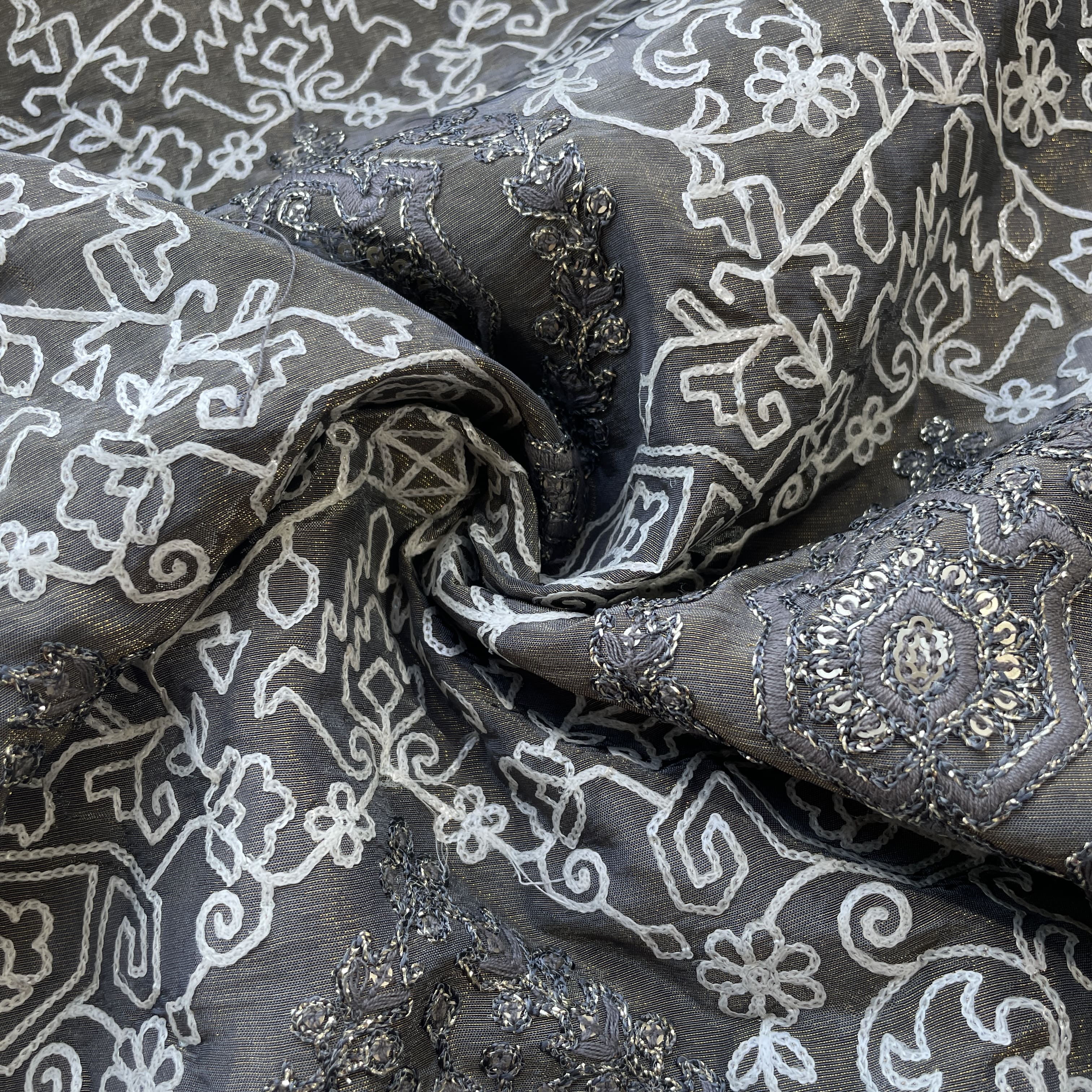 Grey Geometrical Sequins Embroidery Dyeable Tissue Fabric 16254