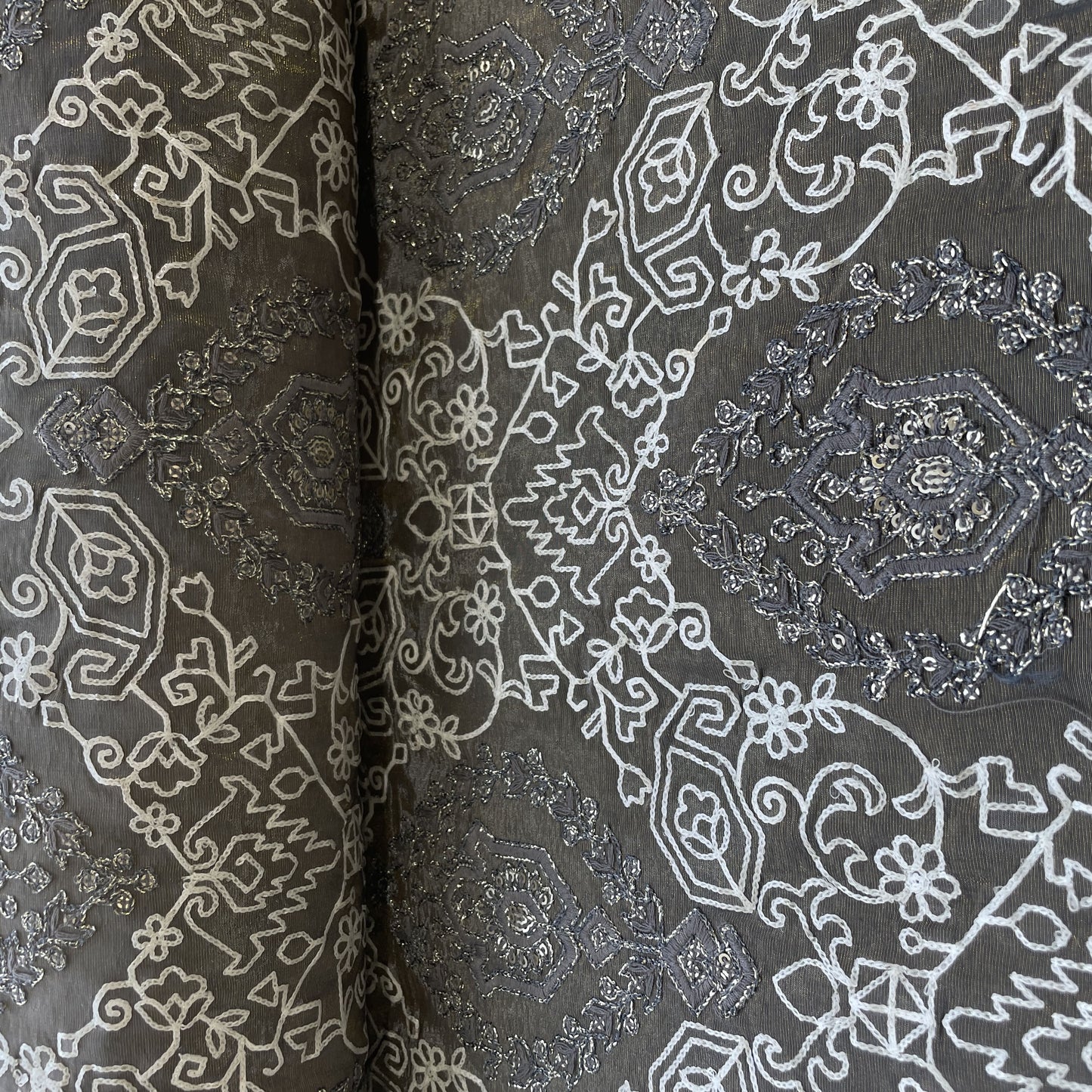 Grey Geometrical Sequins Embroidery Dyeable Tissue Fabric 16254