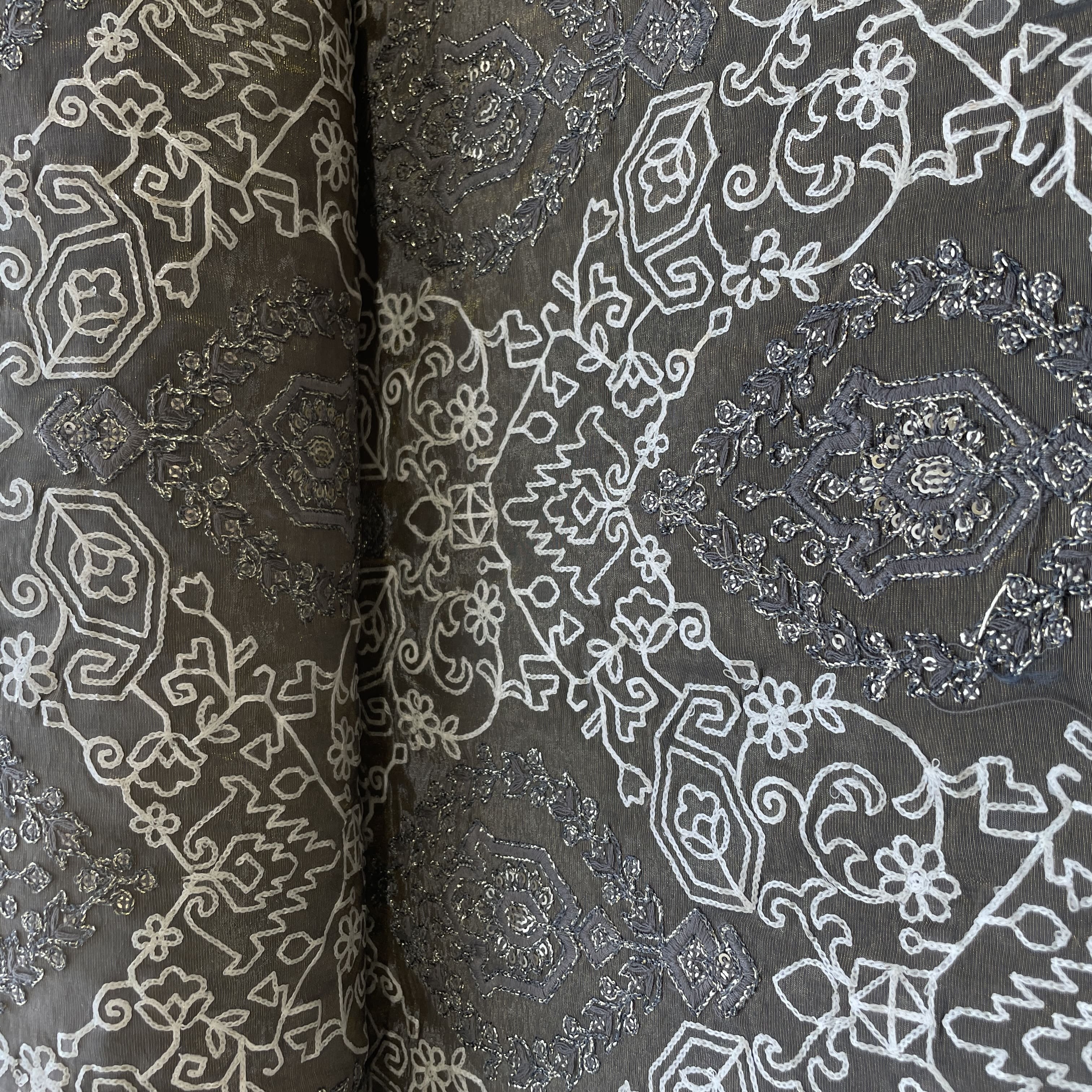 Grey Geometrical Sequins Embroidery Dyeable Tissue Fabric 16254