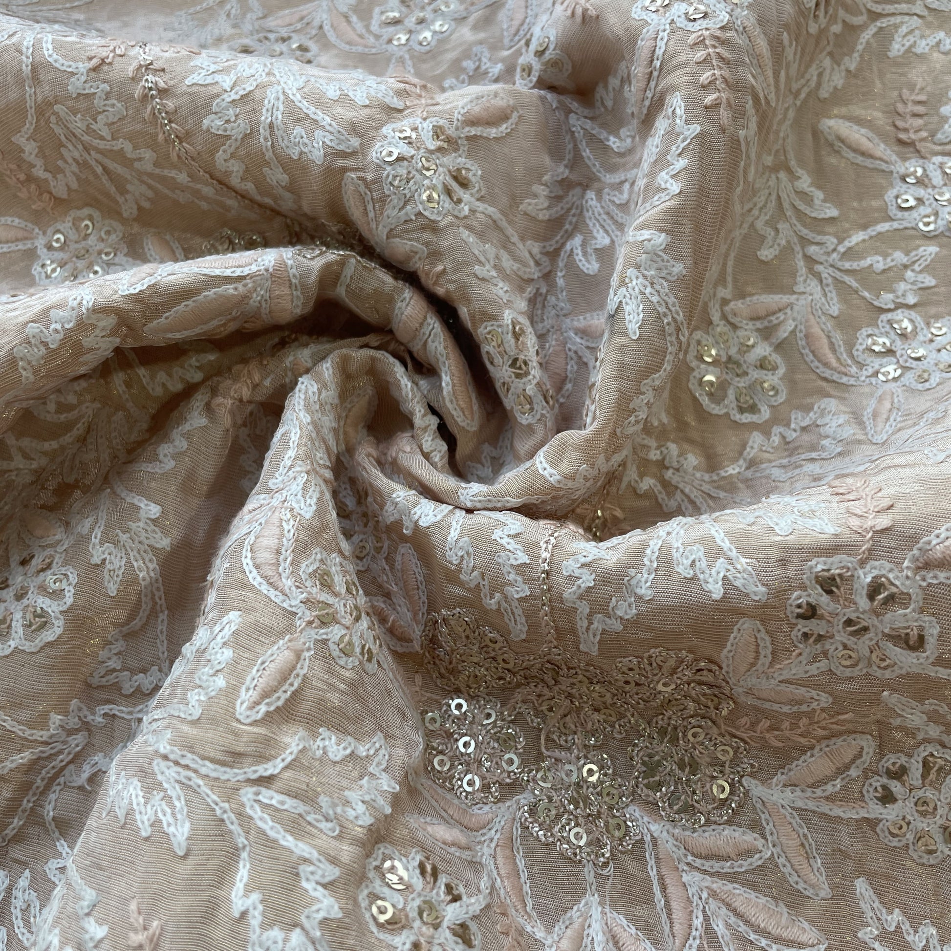 Orange Floral Sequins Dyeable Tissue Fabric 16257