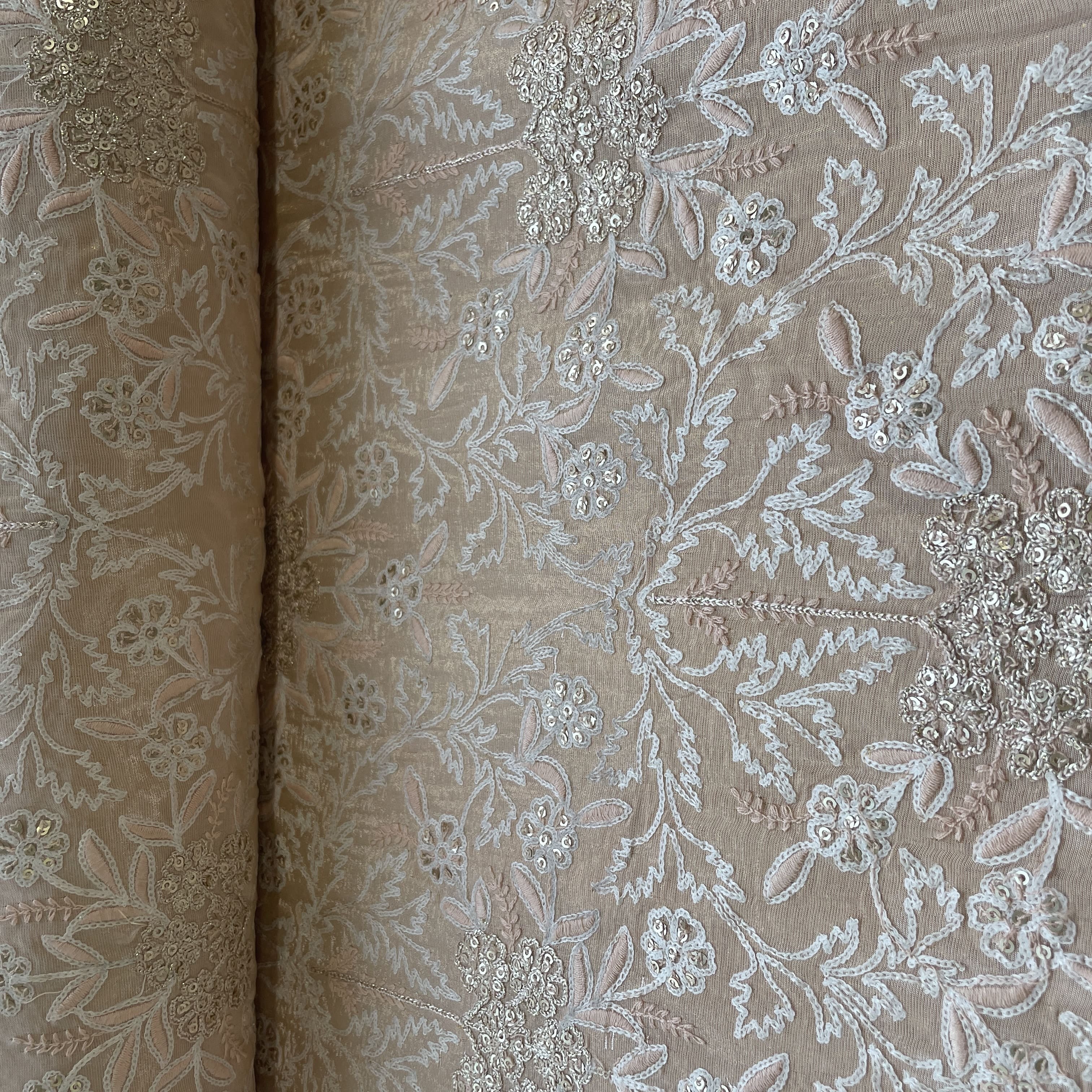 Orange Floral Sequins Dyeable Tissue Fabric 16257