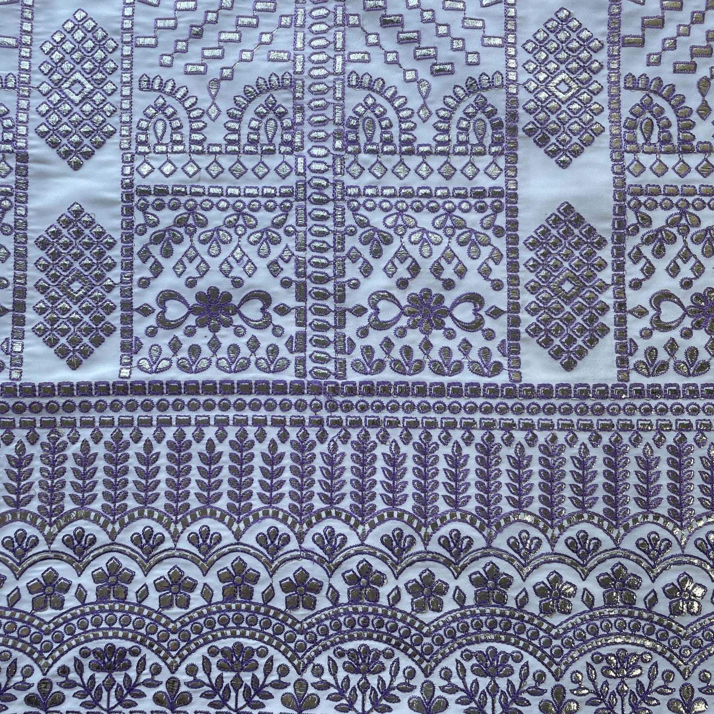 White & Purple Traditioanl Foil Thread Embroidery Satin Fabric 9075