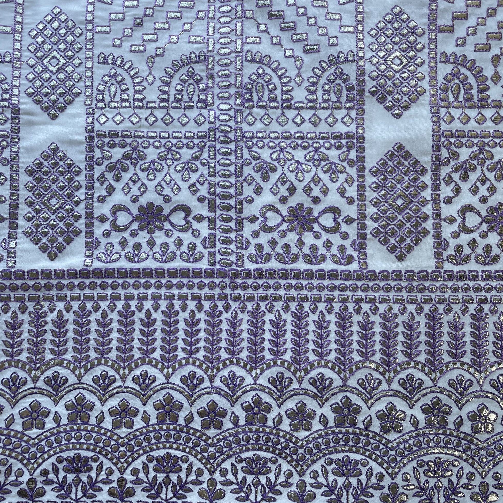 White & Purple Traditioanl Foil Thread Embroidery Satin Fabric 9075