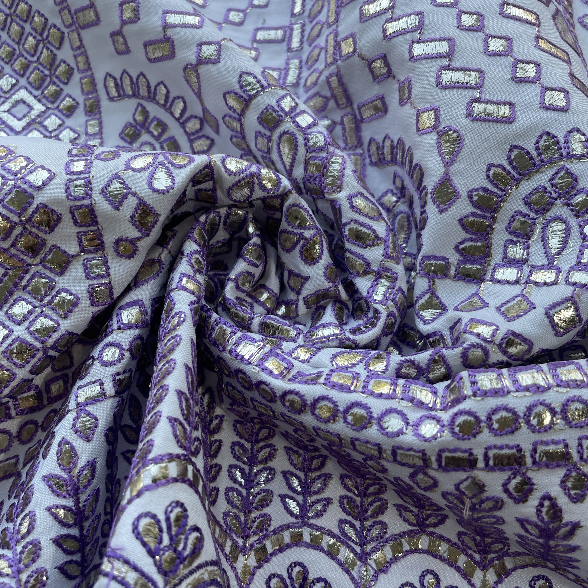 White & Purple Traditioanl Foil Thread Embroidery Satin Fabric 9075