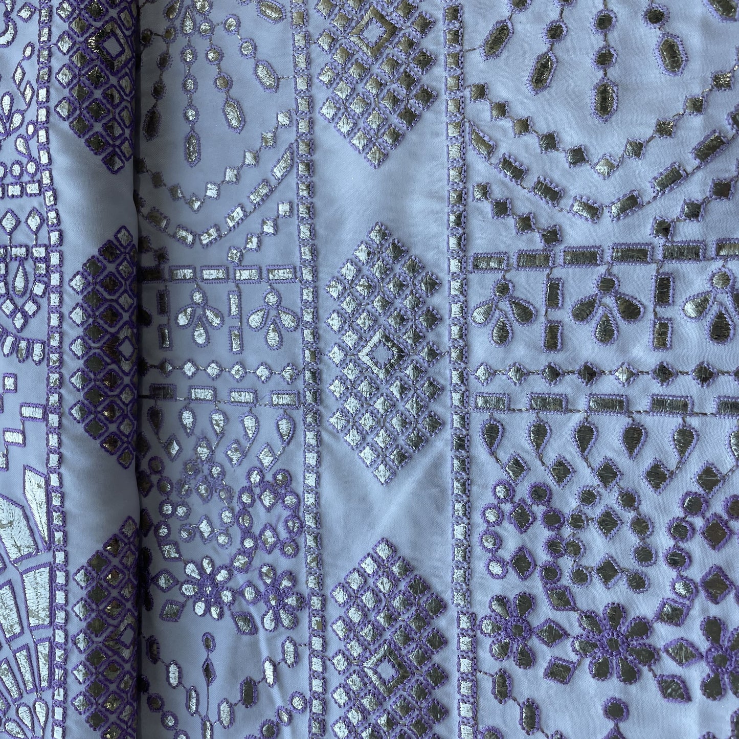 White & Purple Traditioanl Foil Thread Embroidery Satin Fabric 9075