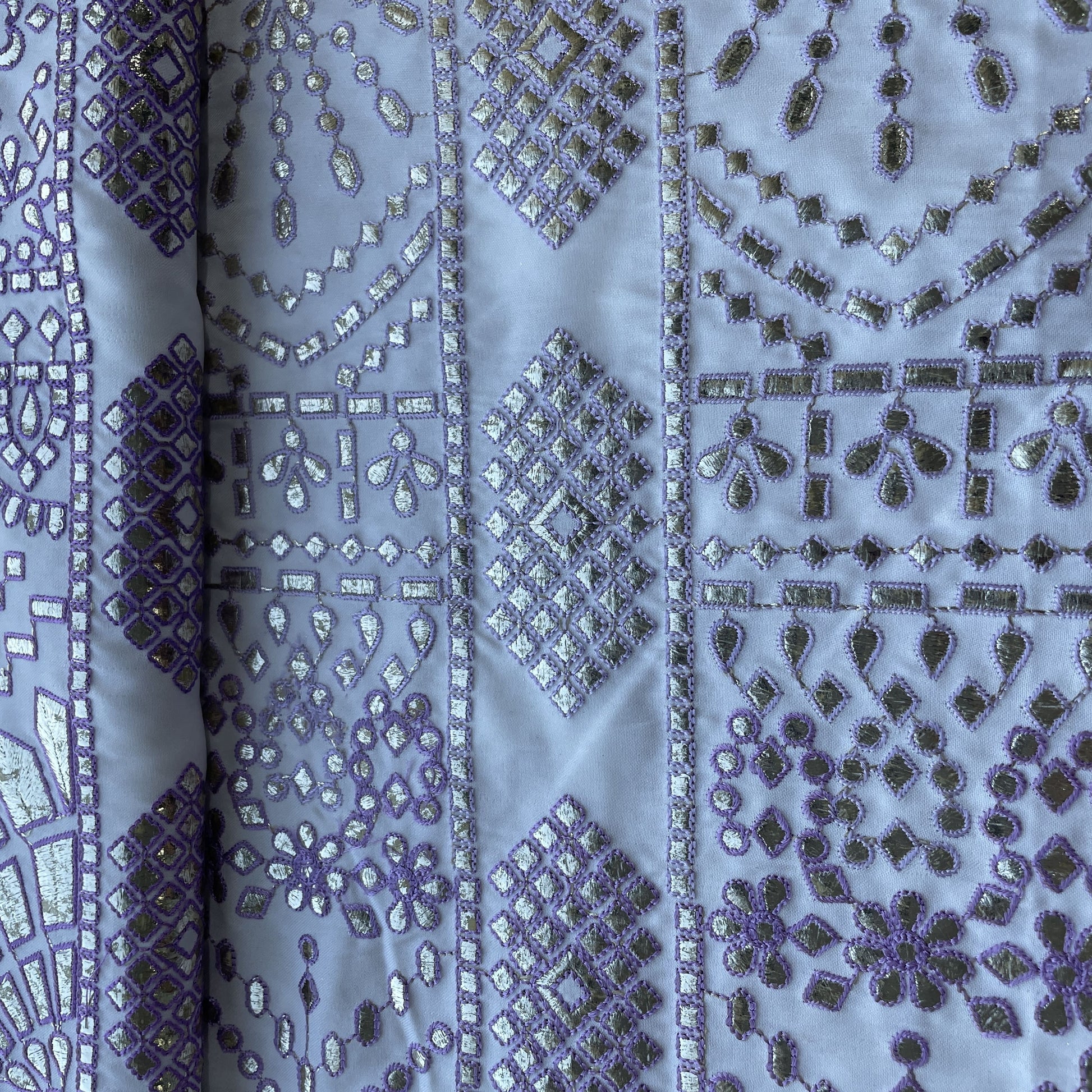 White & Purple Traditioanl Foil Thread Embroidery Satin Fabric 9075