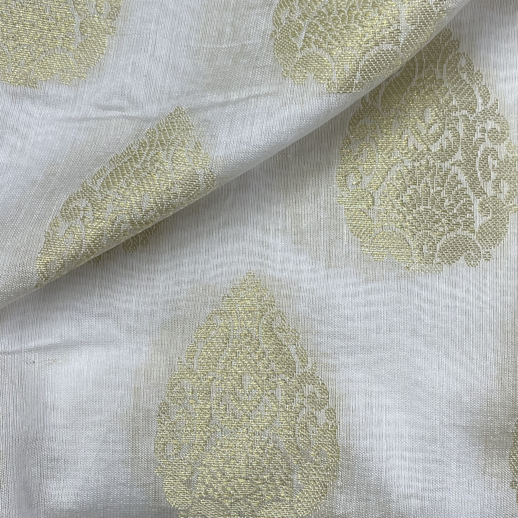 Classic White Gold Buta Jacquard Dyeable Cotton Staple Fabric