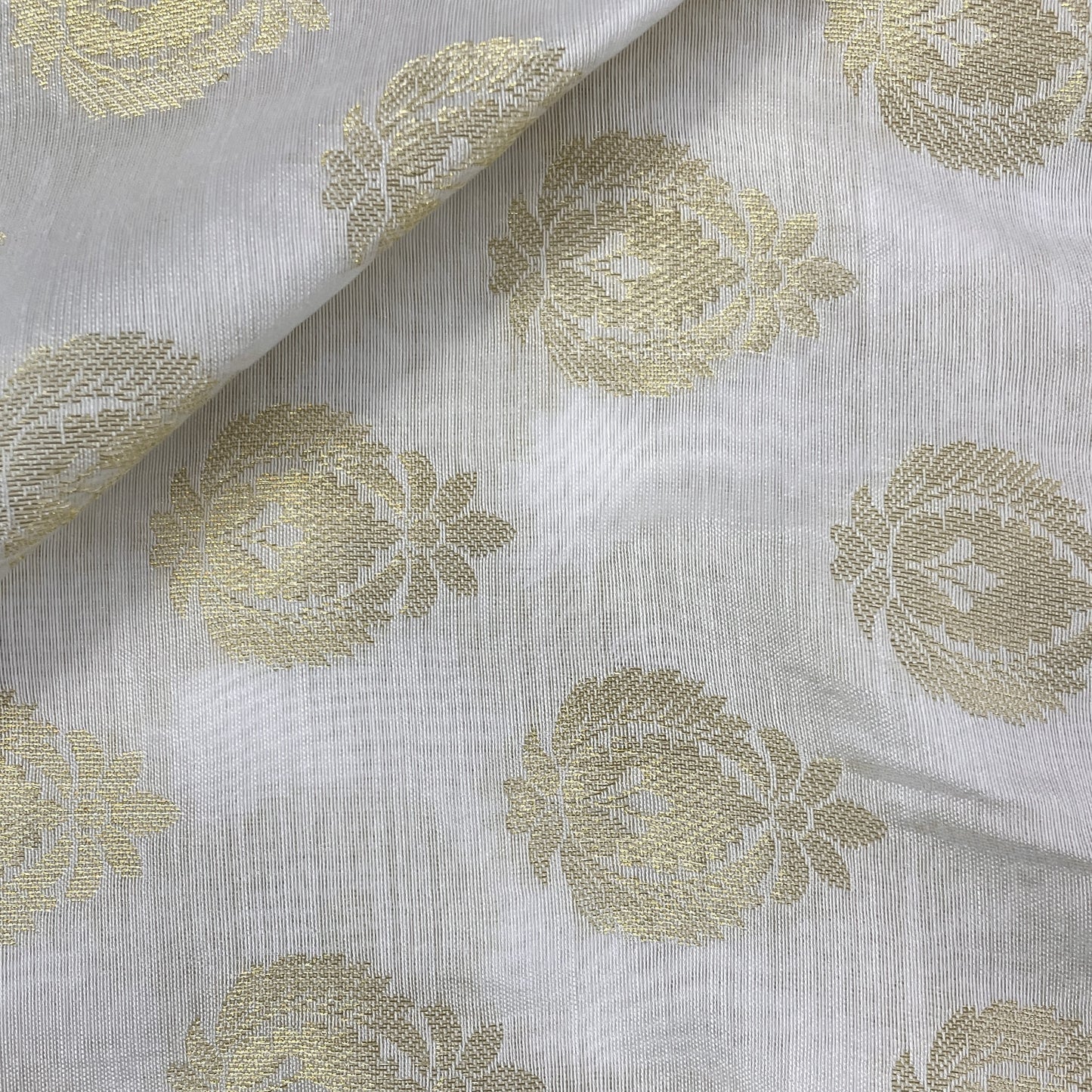 Classic White Gold Traditional Buta Jacquard Dyeable Cotton Staple Fabric
