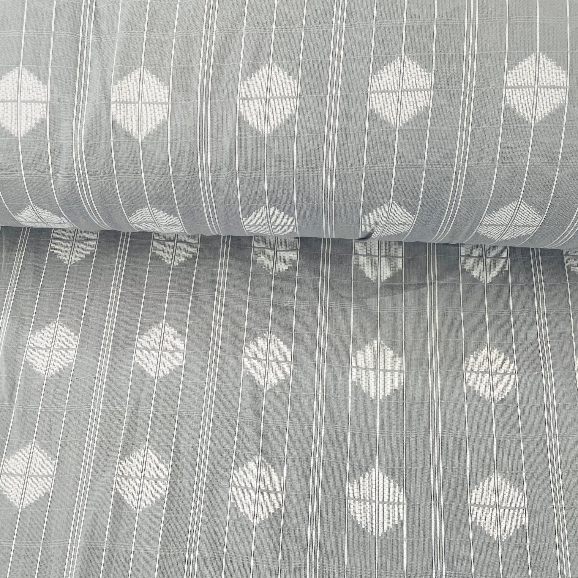 Light Grey & White Geometrical Handwoven Cotton Fabric - TradeUNO