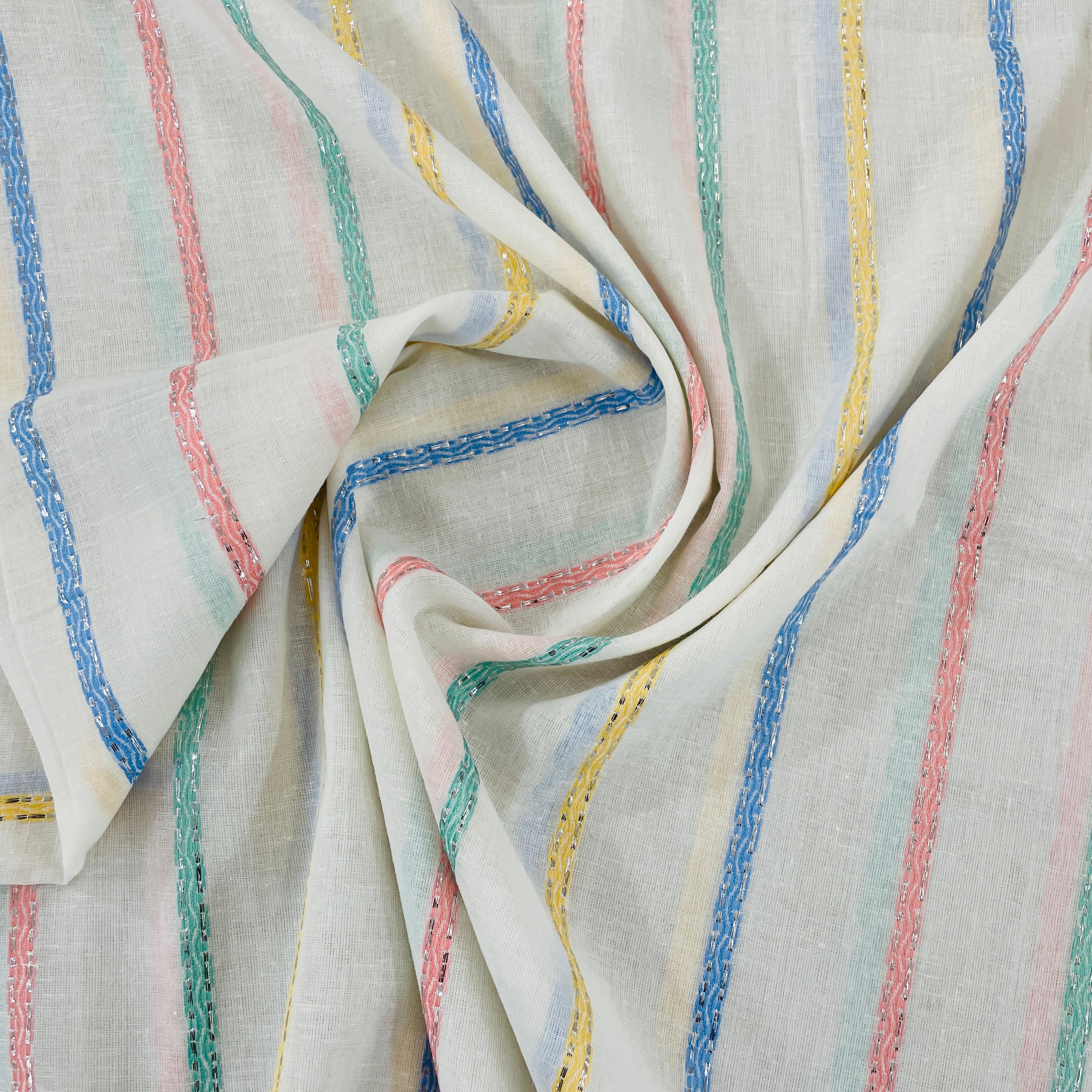 Off White & Multicolor Stripe With Lurex Cotton  Fabric - TradeUNO