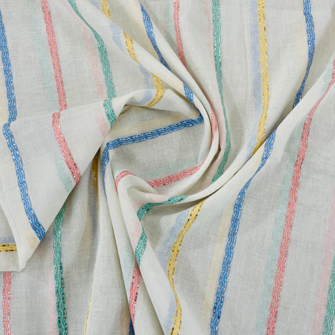 Off White & Multicolor Stripe With Lurex Cotton  Fabric - TradeUNO