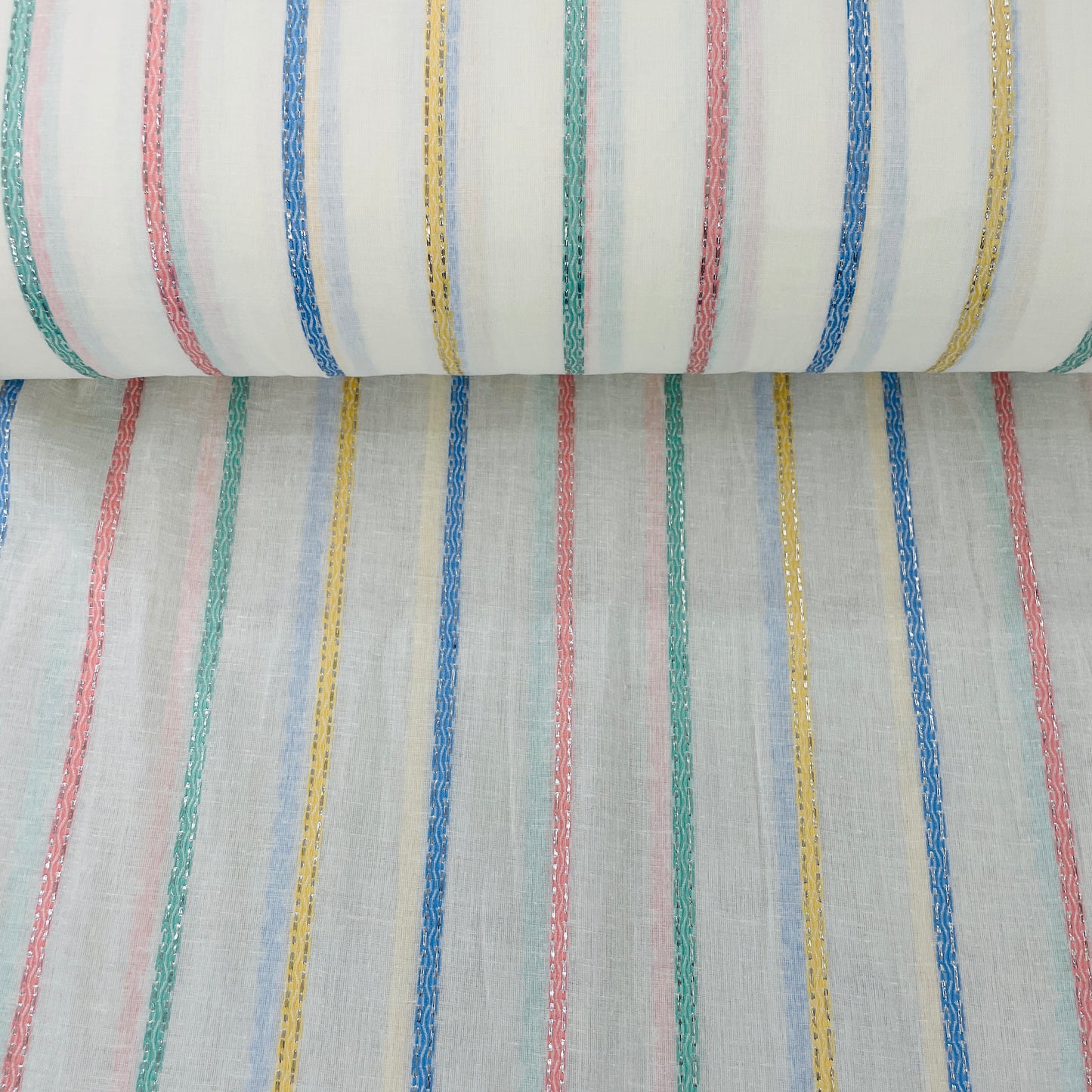 Off White & Multicolor Stripe With Lurex Cotton  Fabric - TradeUNO