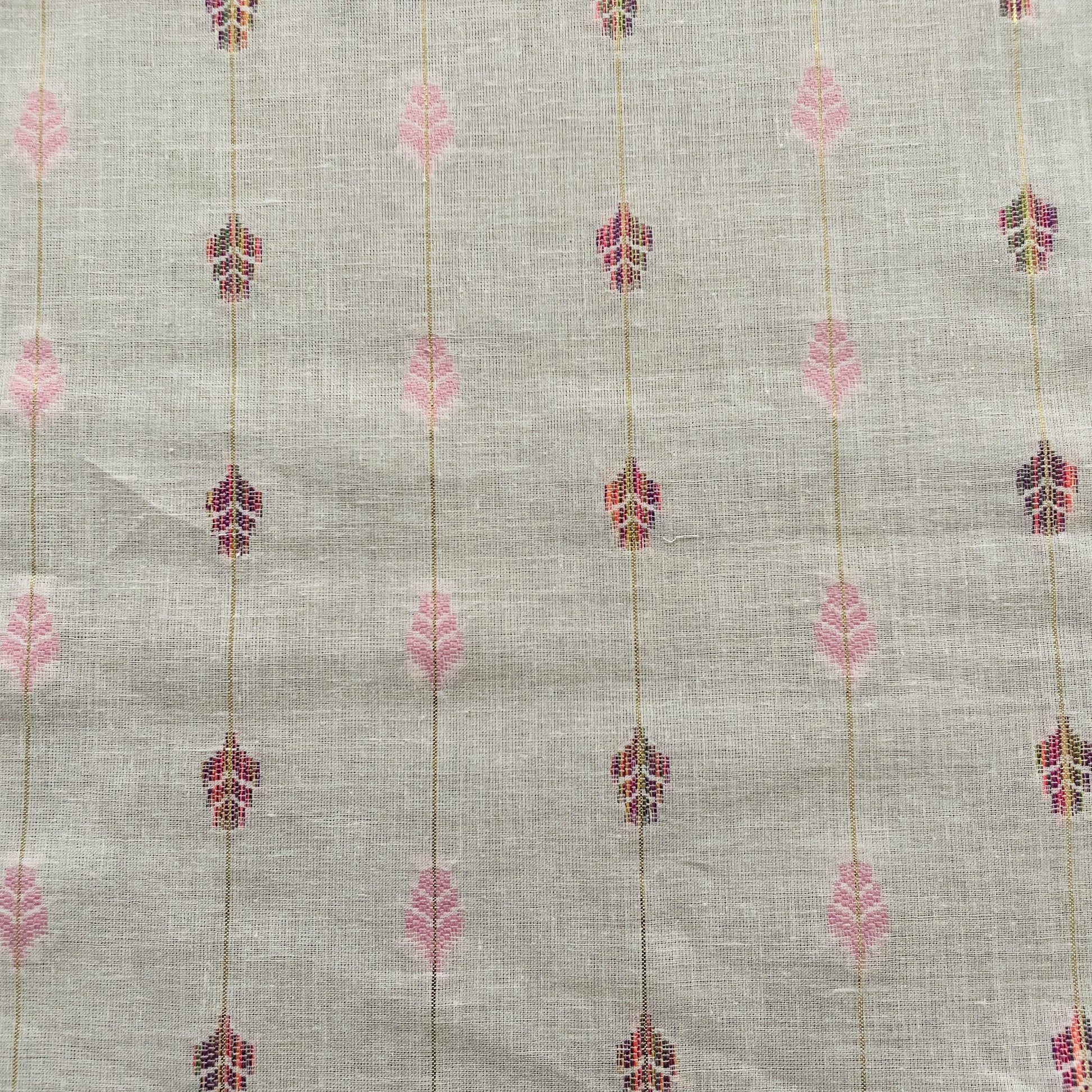 Premium OffWhite Leaves Pink Dobby Embroidery Dyeable Cotton Fabric
